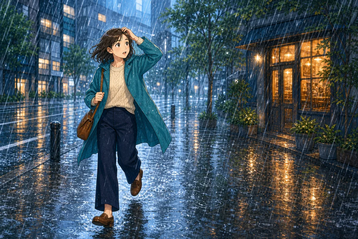 雨が強く降る道を歩いている人物
