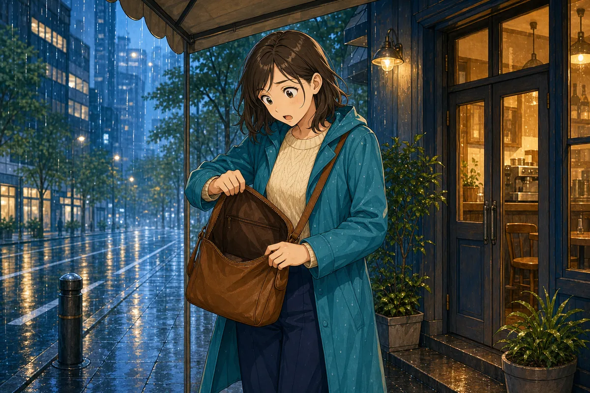 バッグの中を見ながら傘を忘れたことに気づく人物