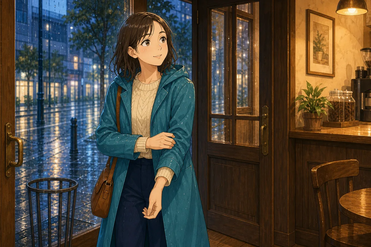 雨で少し濡れてカフェの入口に入る人物