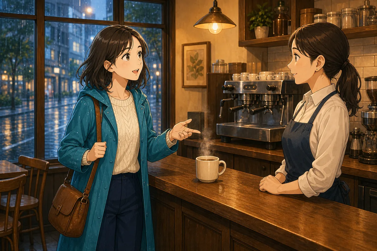 カフェのカウンターで温かい飲み物を注文している人物