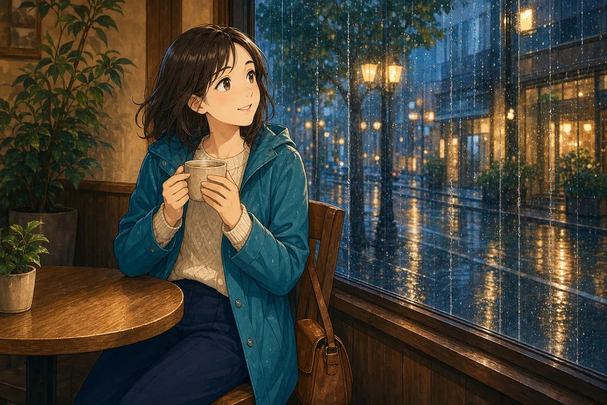 窓の外の雨を見ながら温かいコーヒーを飲んでほっとしている人物