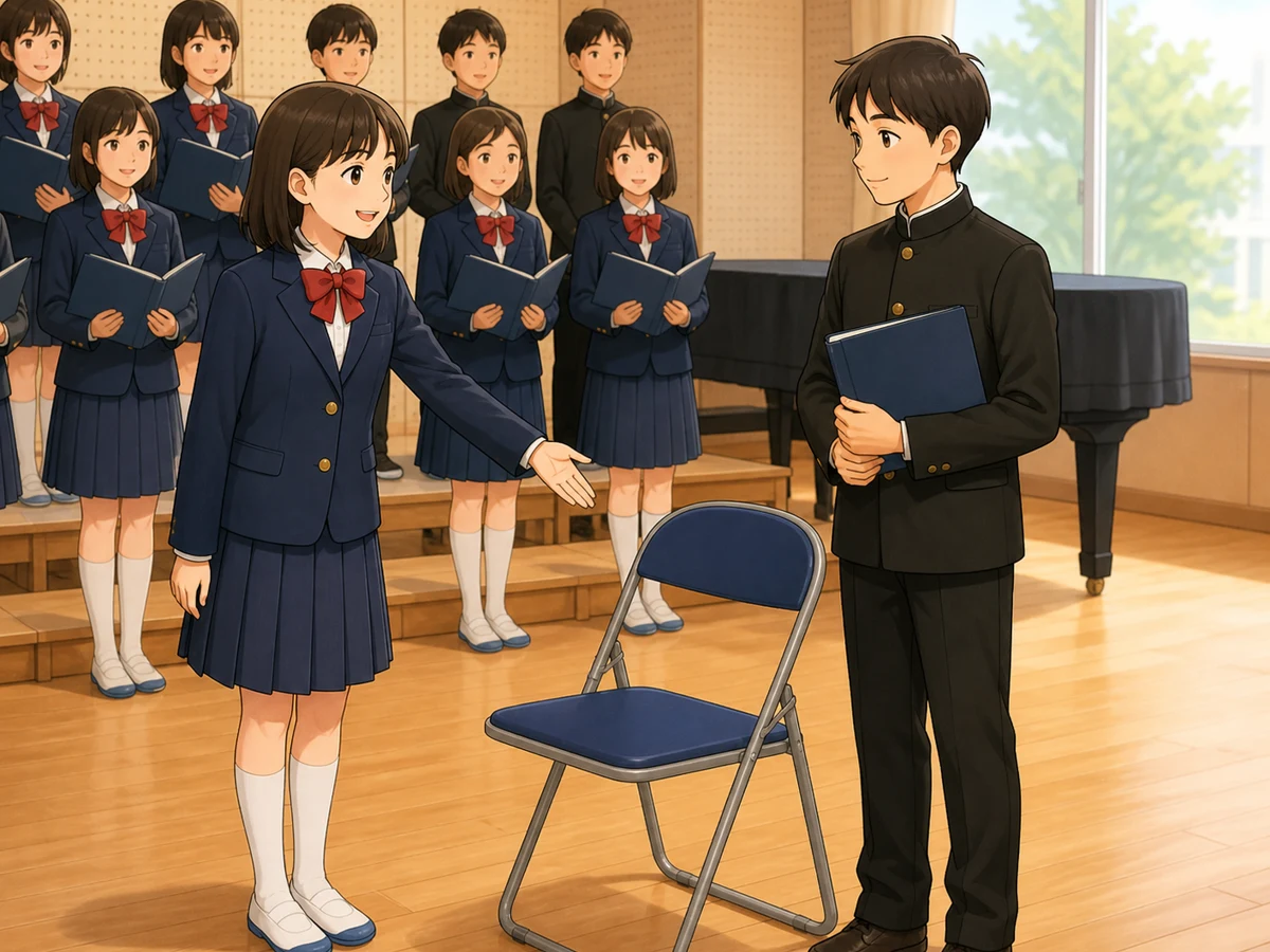 合唱練習の部屋。手前と後方に生徒たちがいるイラスト。