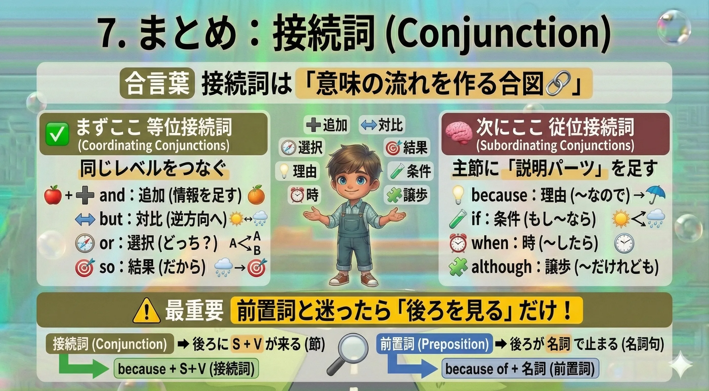 接続詞まとめのイメージ：等位接続詞（and/but/or/so）と従位接続詞（because/if/when/although）、そして前置詞との見分け（後ろを見る）