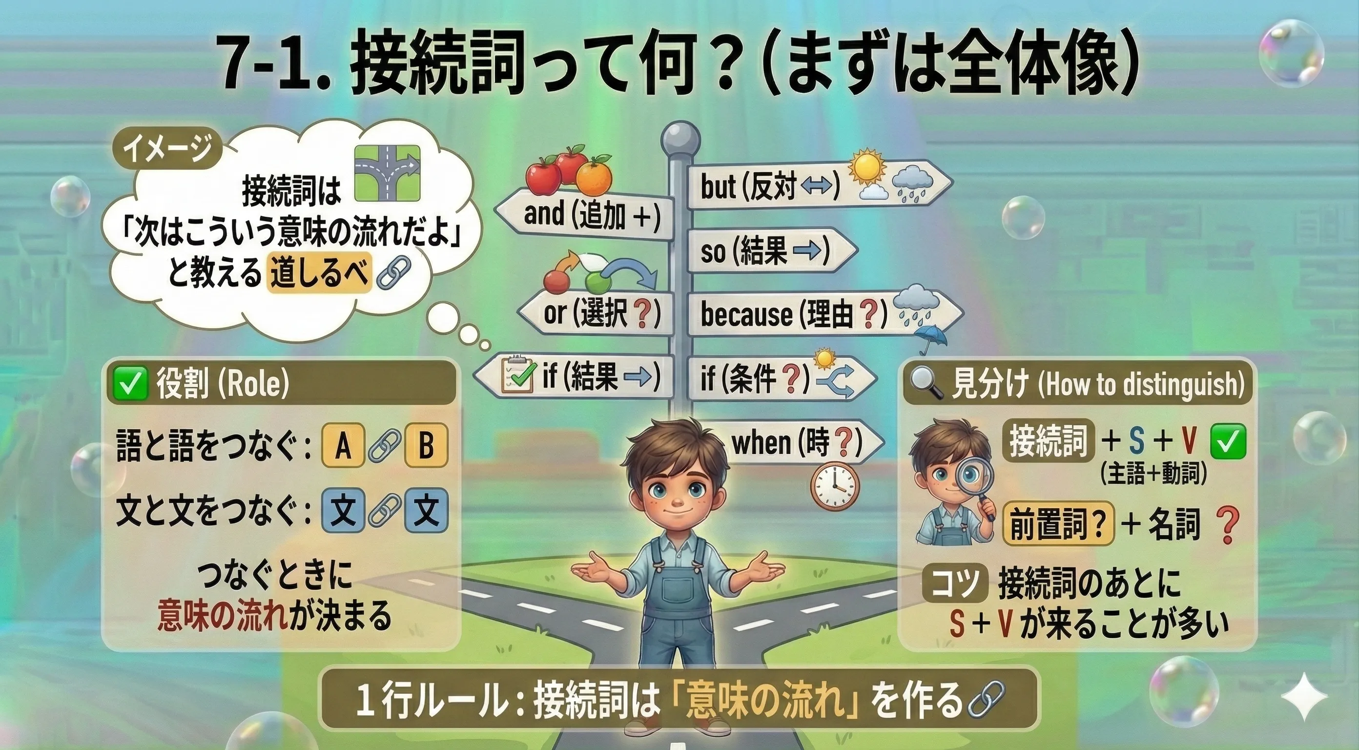接続詞のイメージ：and/but/because/if などで、語と語・文と文をつないで意味の流れ（追加・反対・理由・条件）を作る
