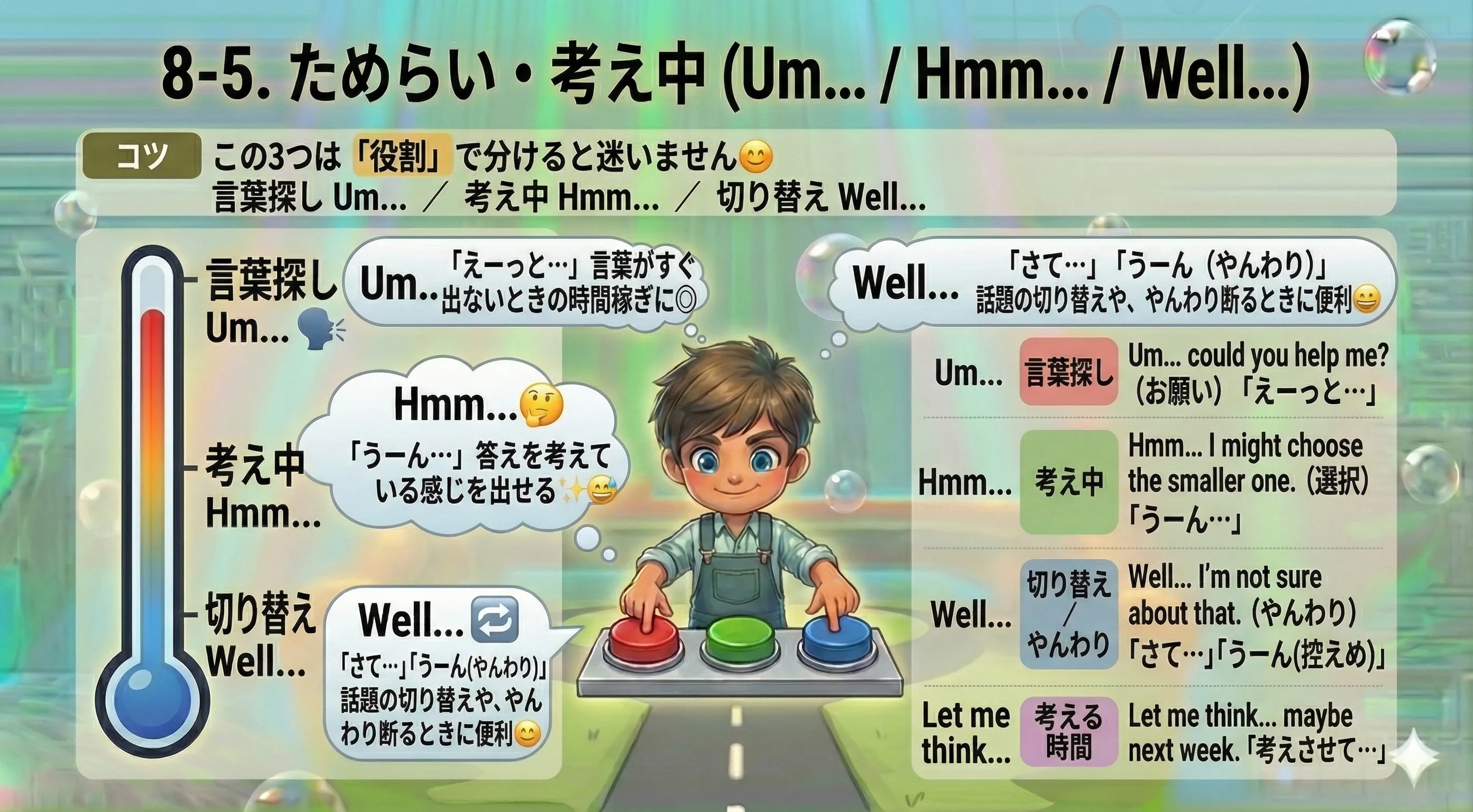 ためらい・考え中の間投詞：Um...（言葉探し）Hmm...（考え中）Well...（切り替え・やんわり否定）の使い分け