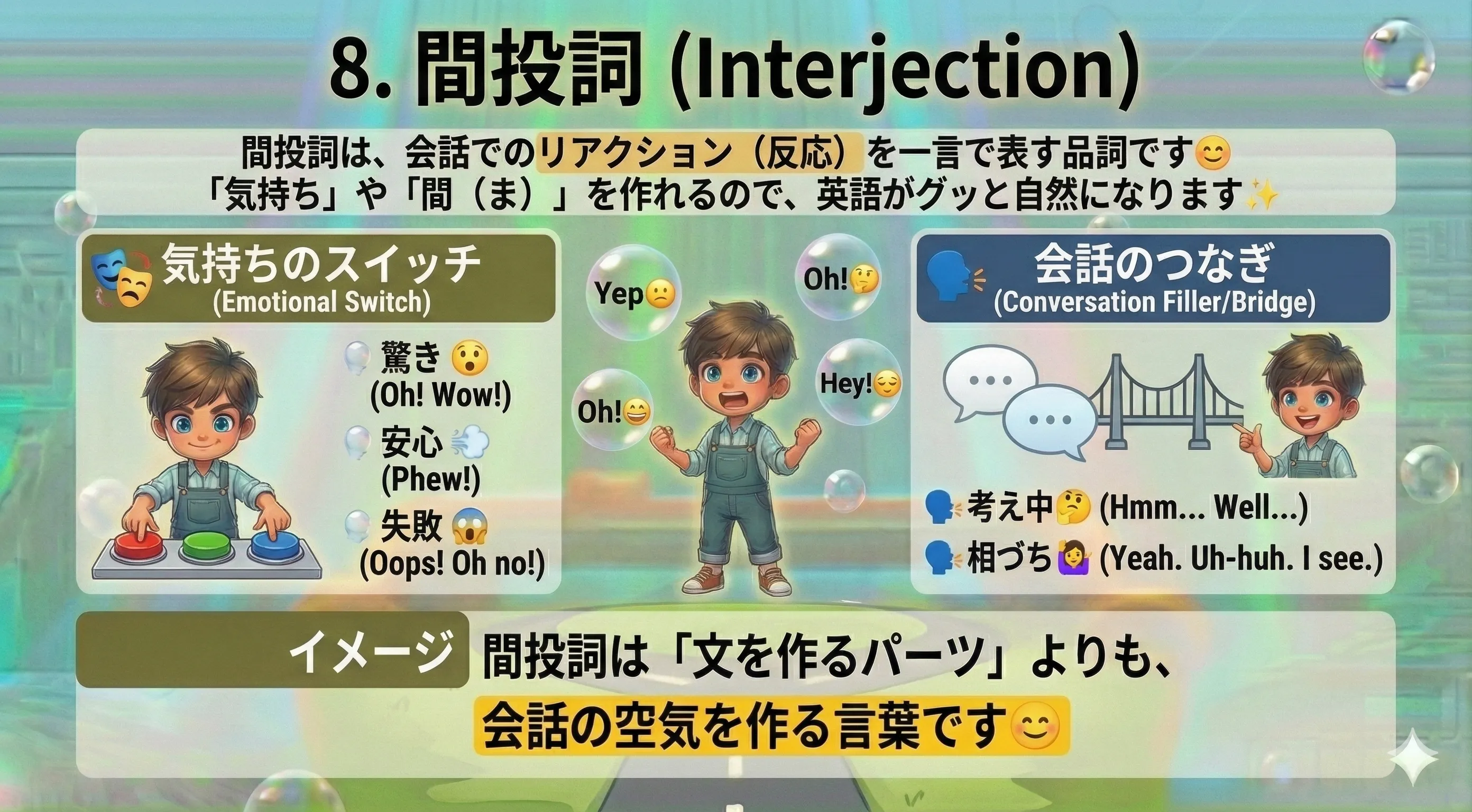 間投詞のイメージ図：Wow! や Oops! など、気持ち・反応を一言で表して会話を自然につなぐ