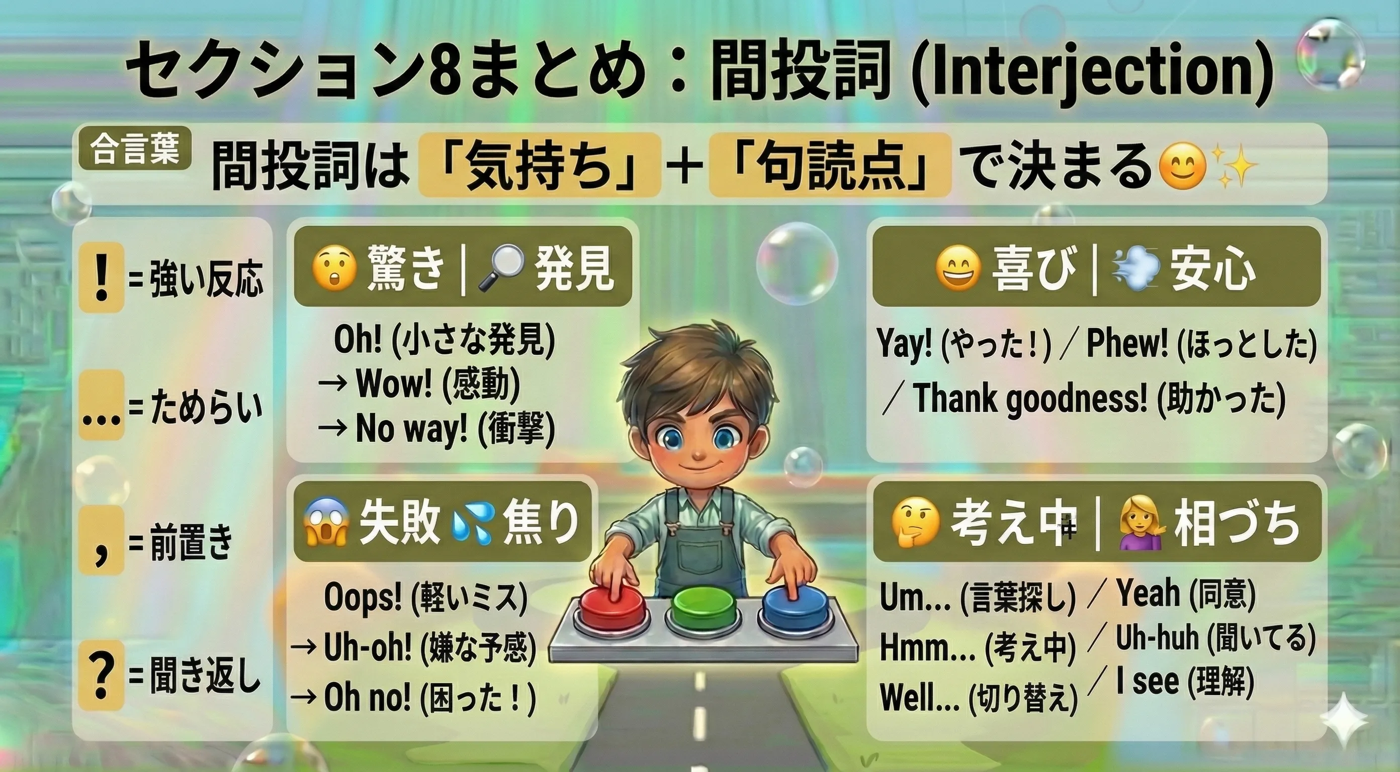 間投詞まとめ：驚き・安心・失敗・考え中・相づちを感情別に整理したマップと、句読点（! ... , ?）のニュアンス