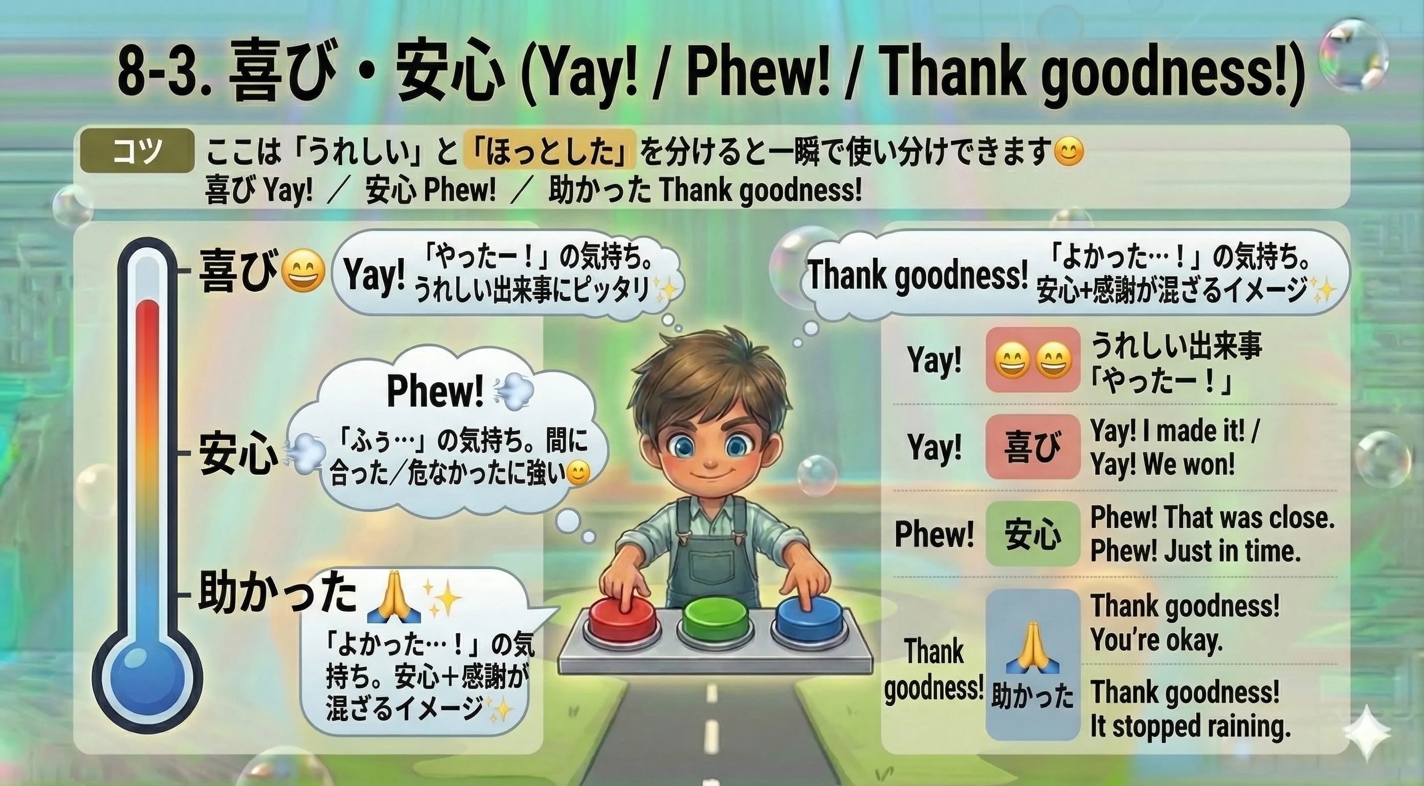 喜び・安心の間投詞：Yay!（うれしい）Phew!（ほっとした）Thank goodness!（よかった・助かった）の使い分け