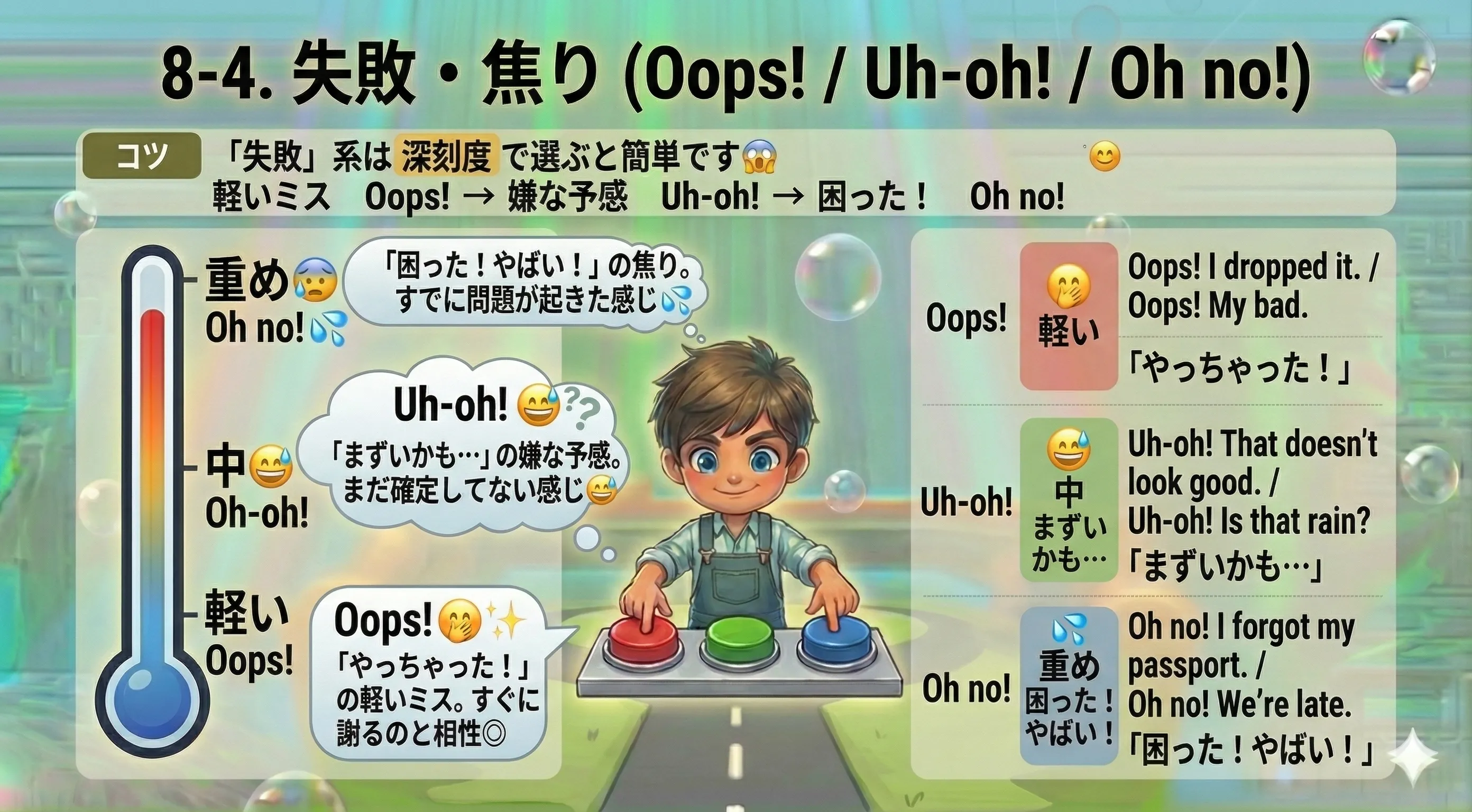 失敗・焦りの間投詞：Oops!（軽いミス）Uh-oh!（嫌な予感）Oh no!（困った・やばい）の使い分け
