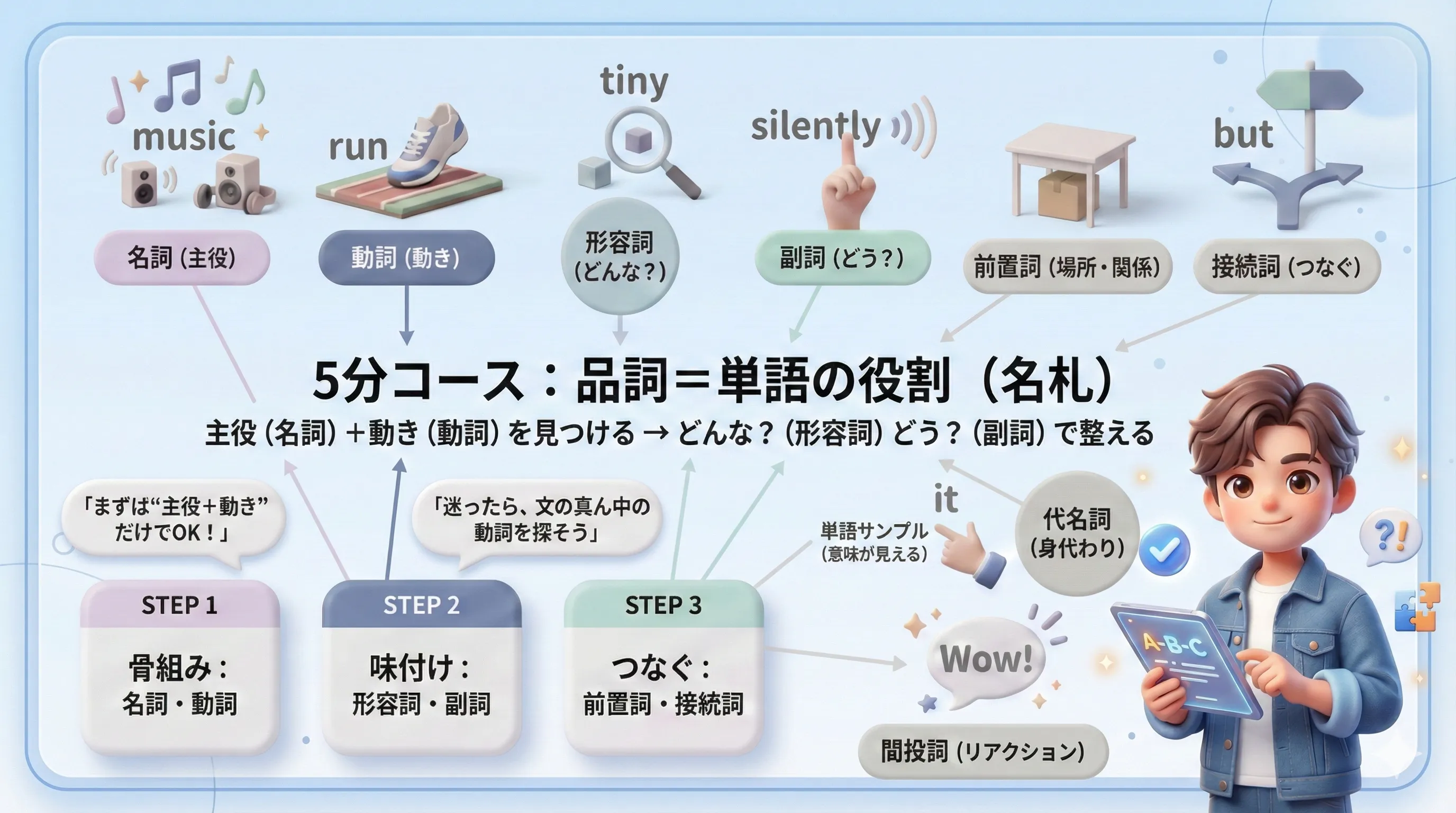 品詞（単語の役割）を5分で整理する図：名詞・動詞・形容詞・副詞を中心に、前置詞・接続詞・間投詞などをまとめて見渡す