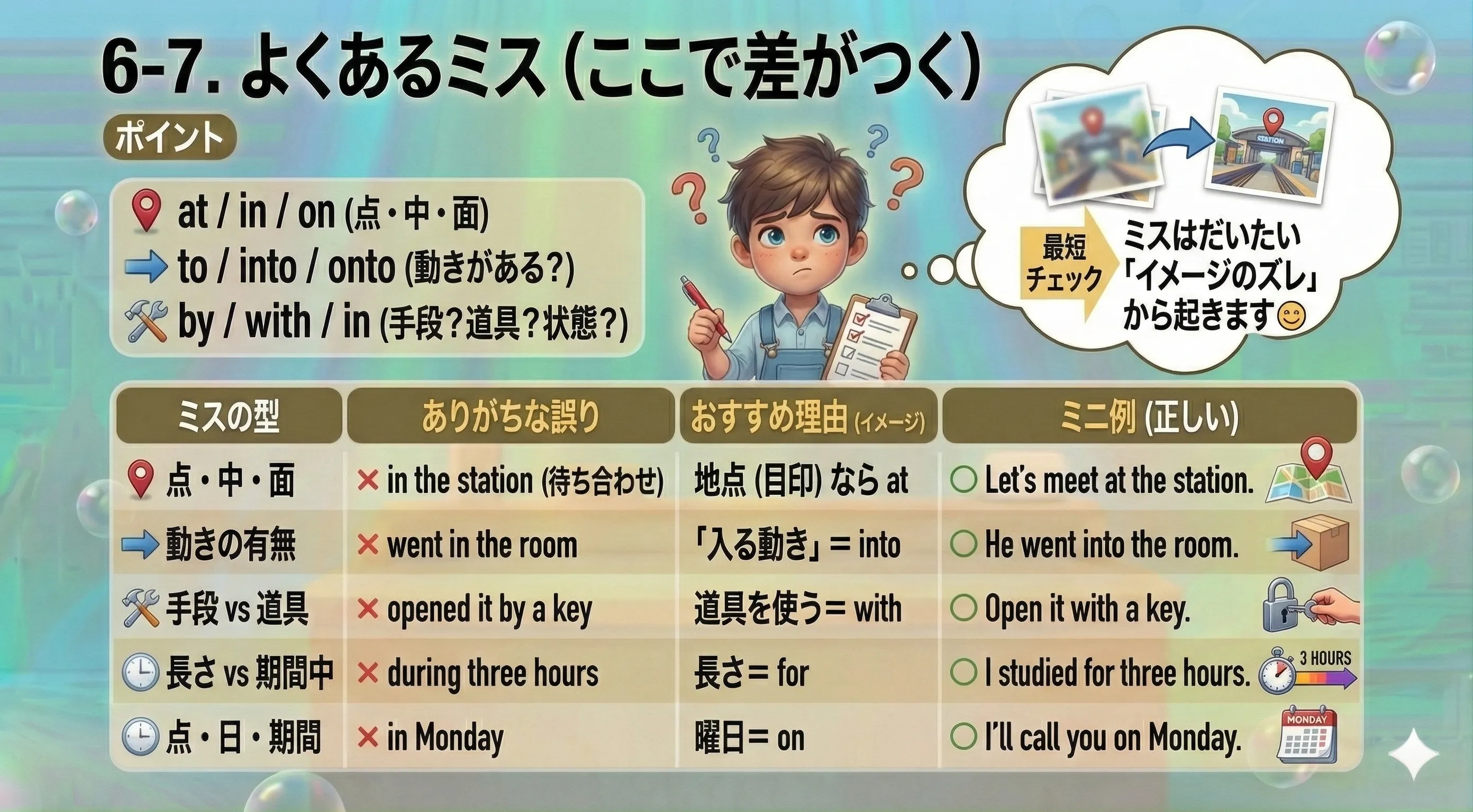 前置詞のよくあるミス：in/on/at の混同、to/for の混同、by/with の混同などを注意アイコンで整理した図