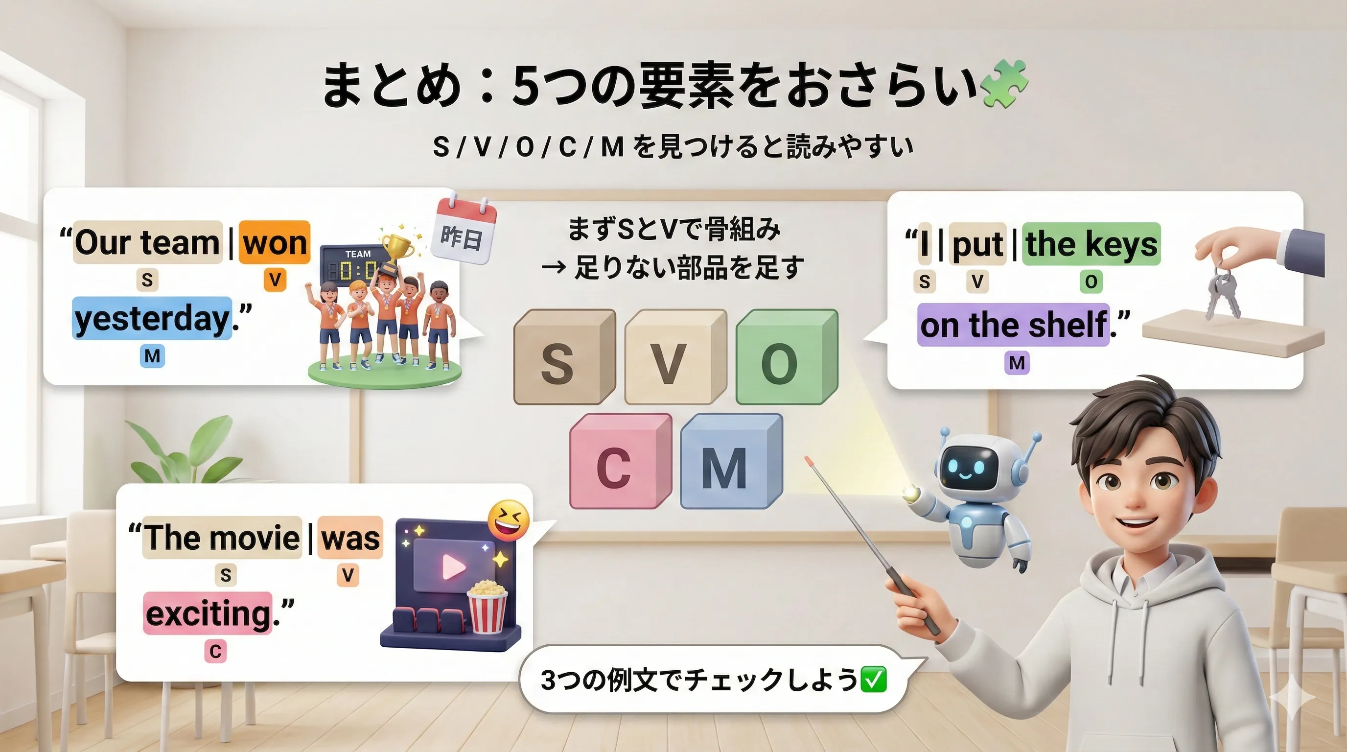 S V O C M の5要素まとめ：まずSとV、あとからO/C/Mを足すイメージ図