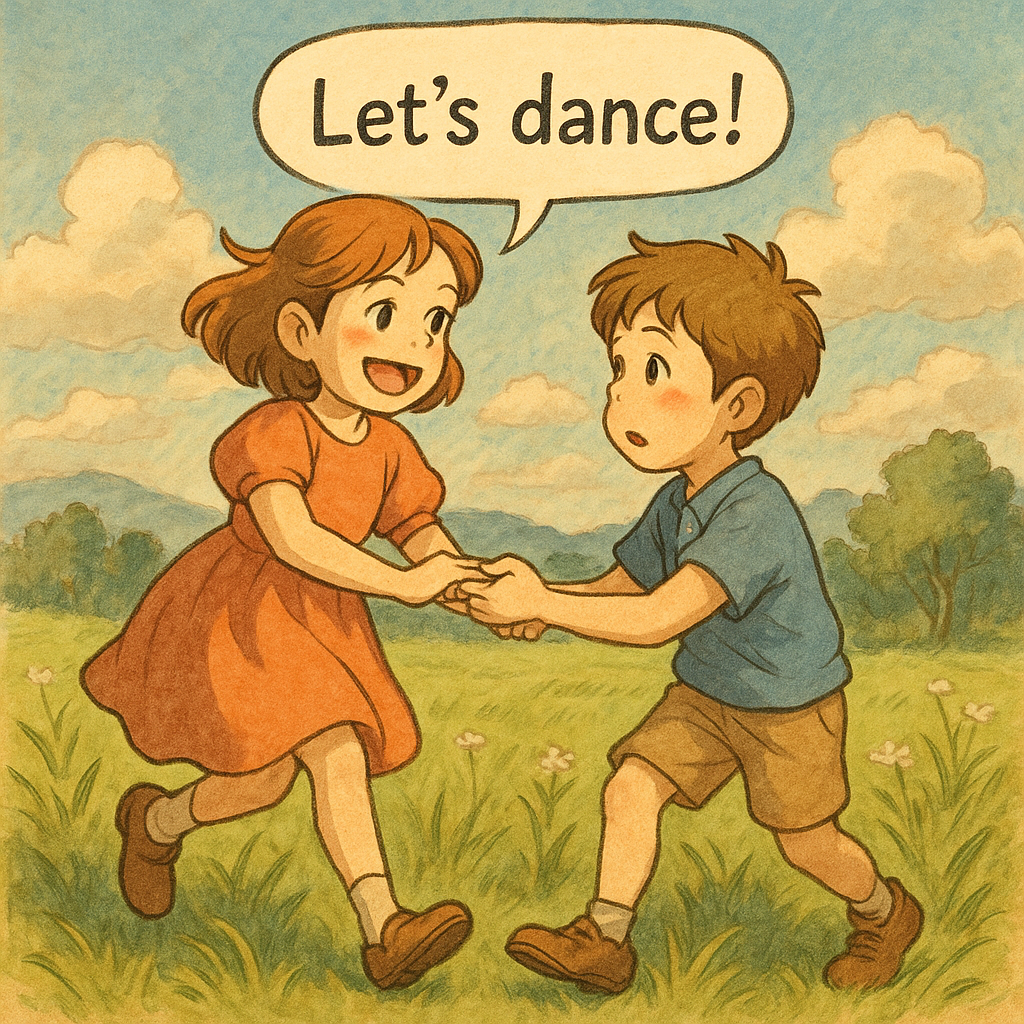 少女が笑顔で Let's dance! と男の子を誘い、草原で一緒に踊り始めようとしているイラスト。英語の Let's を使った命令文の意味を伝える場面。