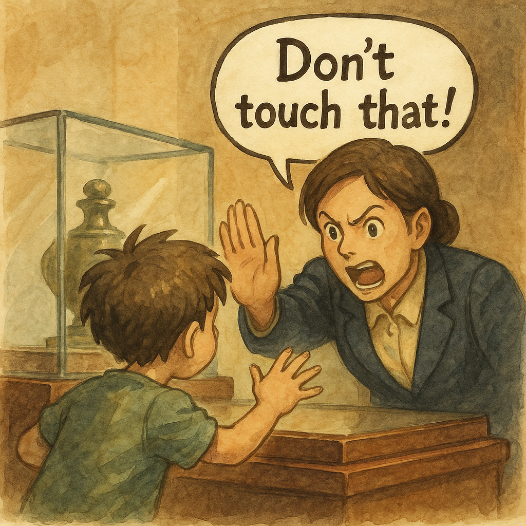 展示室でガラスケースに手を伸ばす子どもを、係員の女性が Don't touch that! と制止しているイラスト。英語の否定命令文の例を表現した場面。