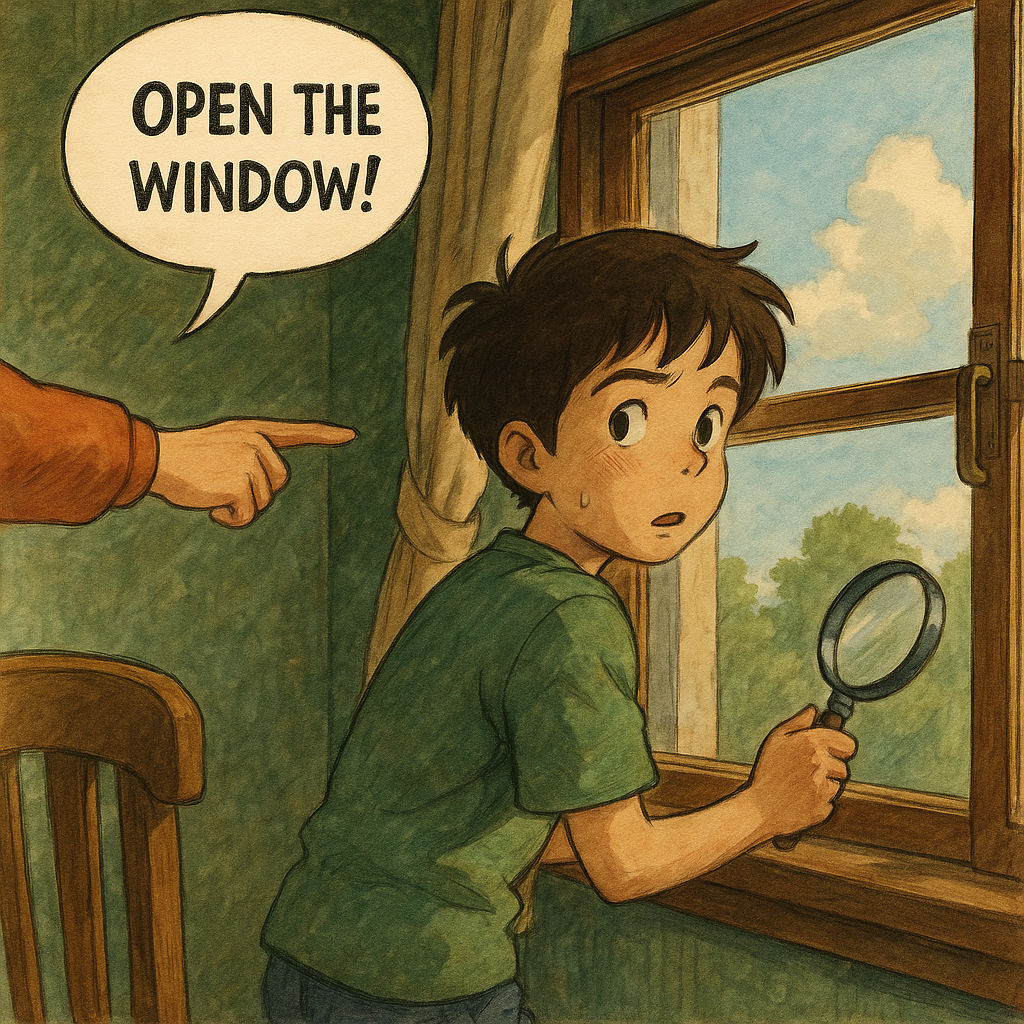 Open the window! と命令されて驚きながら窓を開けようとしている少年のイラスト。英語の命令文の用法を表す場面。