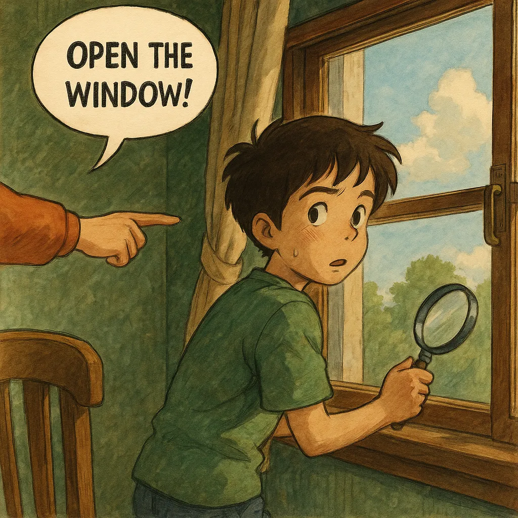 Open the window! と命令されて驚きながら窓を開けようとしている少年のイラスト。英語の命令文の用法を表す場面。
