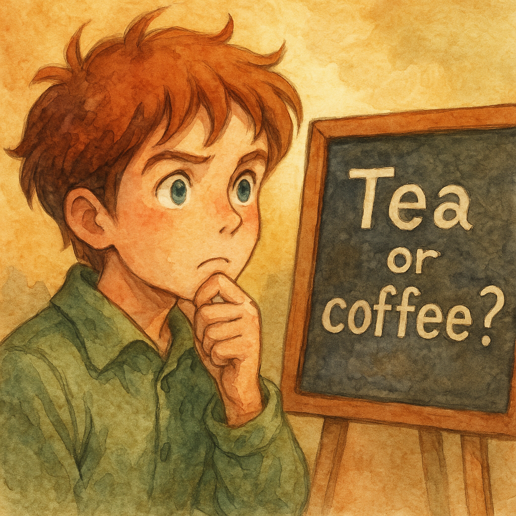 Tea or coffee? の二択メニューを前に悩んでいる少年のイラスト。英語の選択疑問文を視覚的に表現した場面。