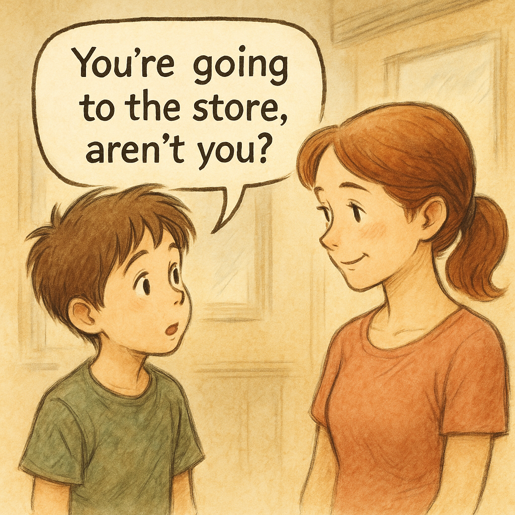 You’re going to the store, aren’t you? と確認する男の子と微笑む女性のイラスト。英語の付加疑問文の会話例を視覚的に表現した場面。