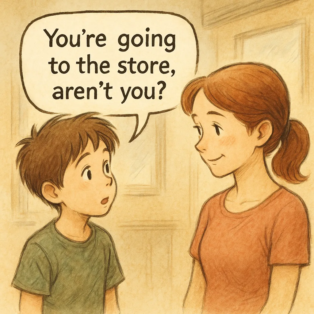 You’re going to the store, aren’t you? と確認する男の子と微笑む女性のイラスト。英語の付加疑問文の会話例を視覚的に表現した場面。