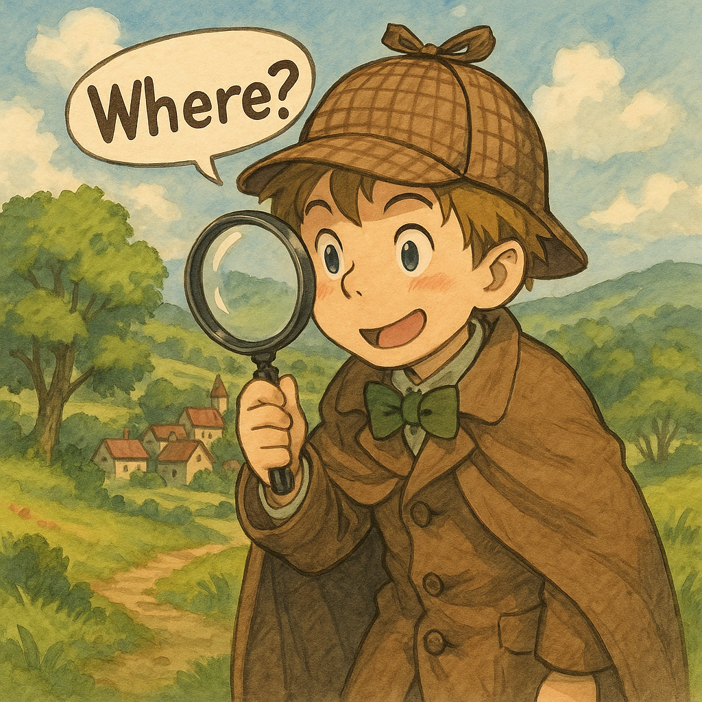 Where? と虫メガネで探している少年探偵のイラスト。英語の wh疑問文(Where などの疑問詞)を視覚的に表現した場面。