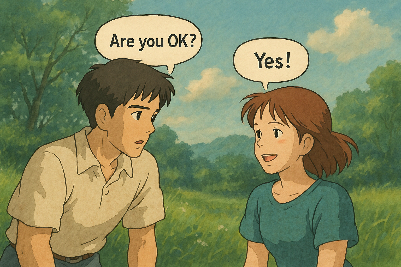 Are you OK? と Yes! の会話をする男女のイラスト。英語の一般疑問文(Yes / Noで答える)を視覚的に表現したジブリ風のワンシーン。