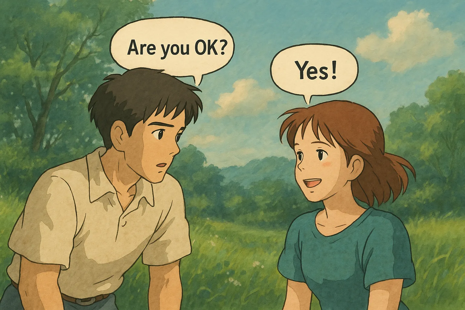 Are you OK? と Yes! の会話をする男女のイラスト。英語の一般疑問文(Yes / Noで答える)を視覚的に表現したジブリ風のワンシーン。