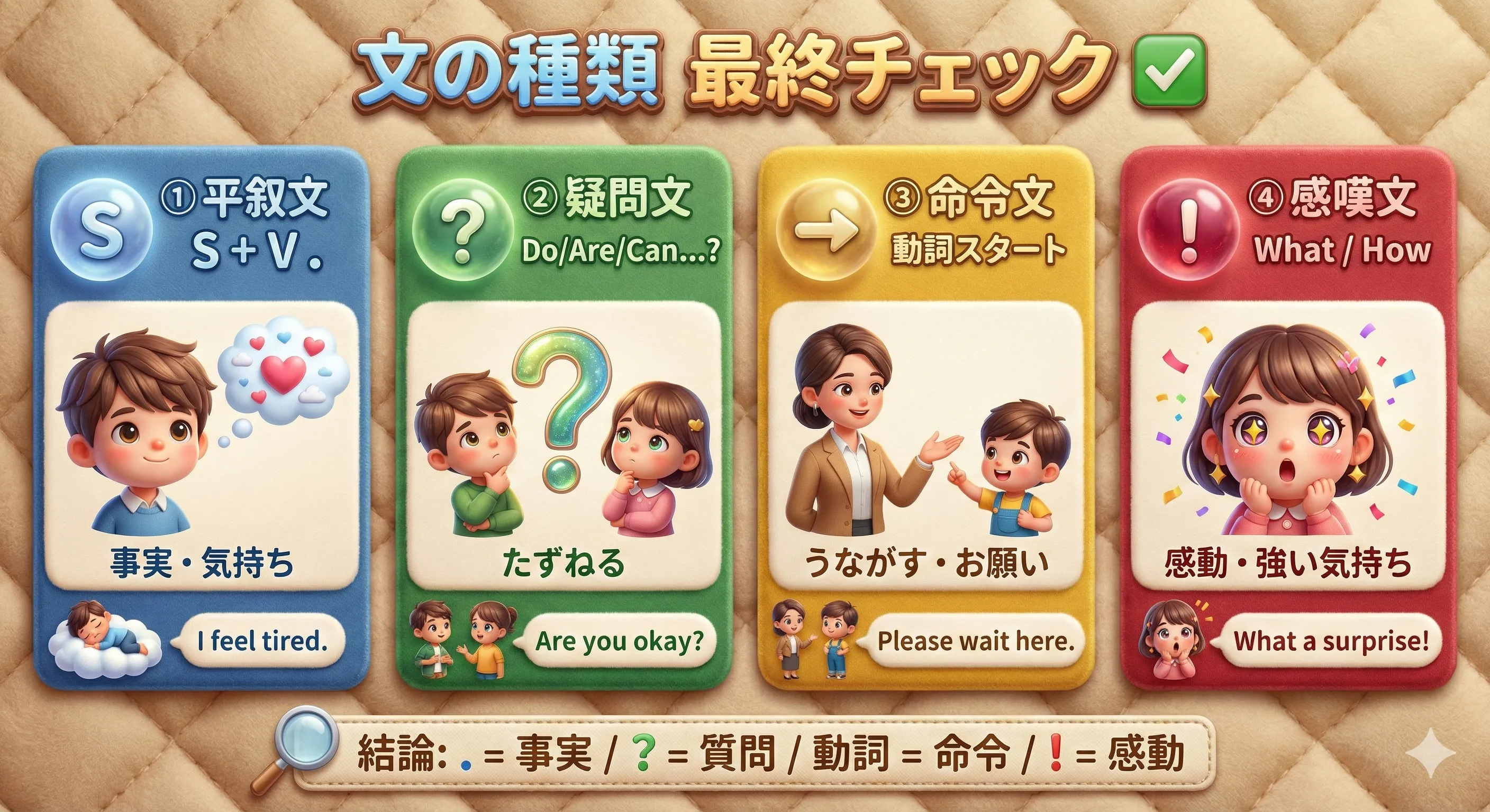 文の種類まとめ：平叙文(.)／疑問文(?)／命令文(動詞スタート)／感嘆文(!, What/How) をチェックする図