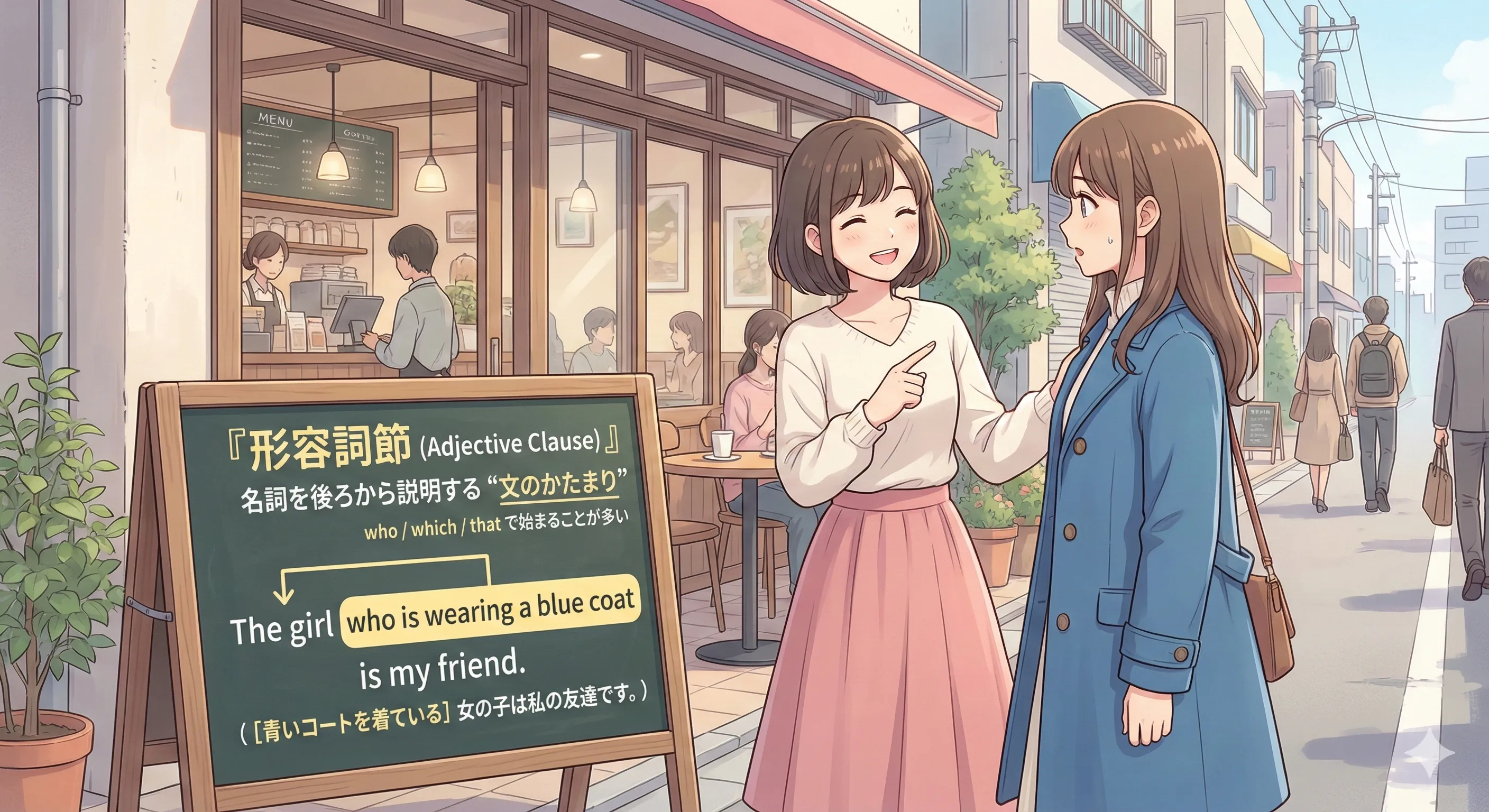形容詞節（Adjective Clause）のイメージ図：名詞の後ろに節が続いて、名詞をくわしく説明する（関係代名詞など）