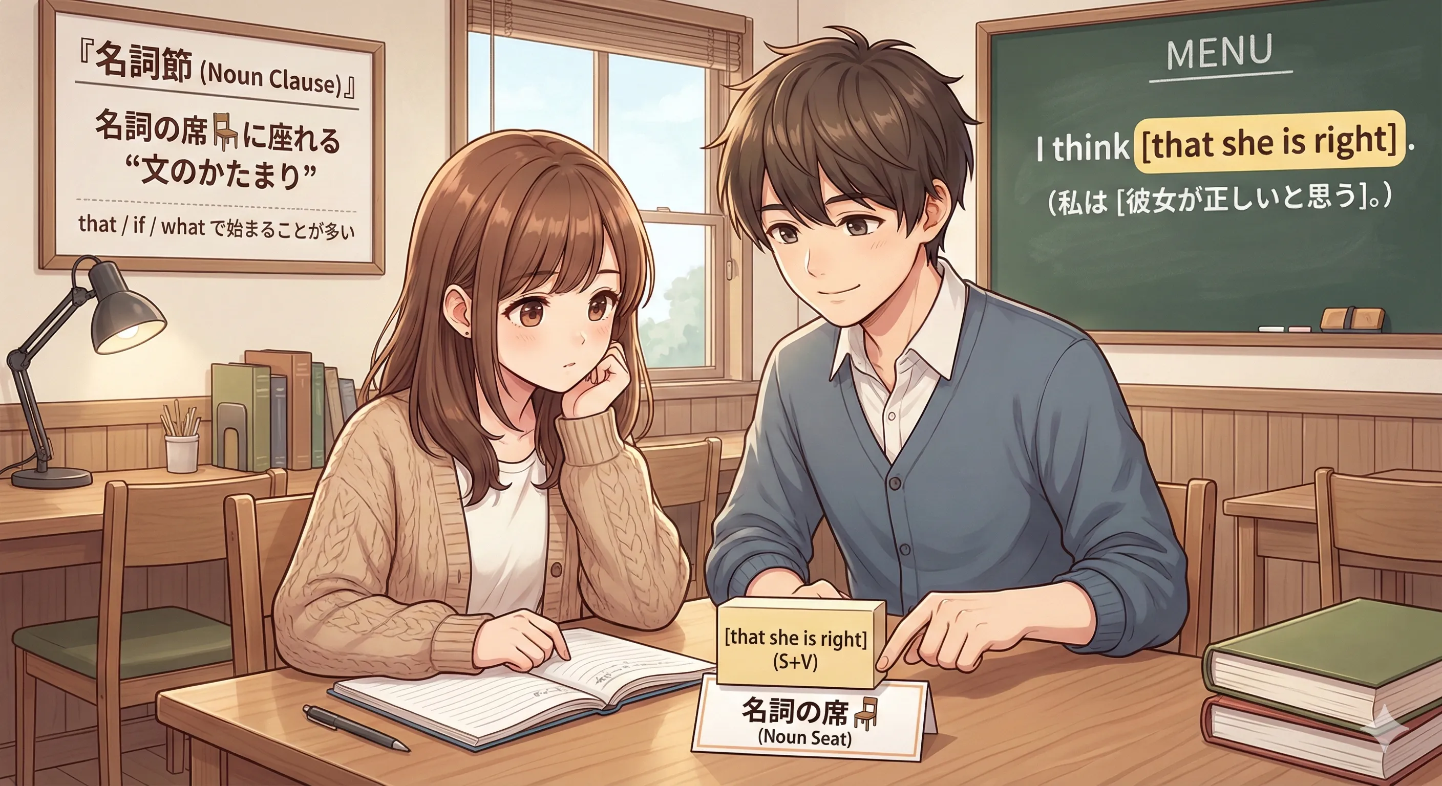 名詞節（Noun Clause）のイメージ図：主語＋動詞のミニ文が、主語・目的語・補語など名詞の席に入る