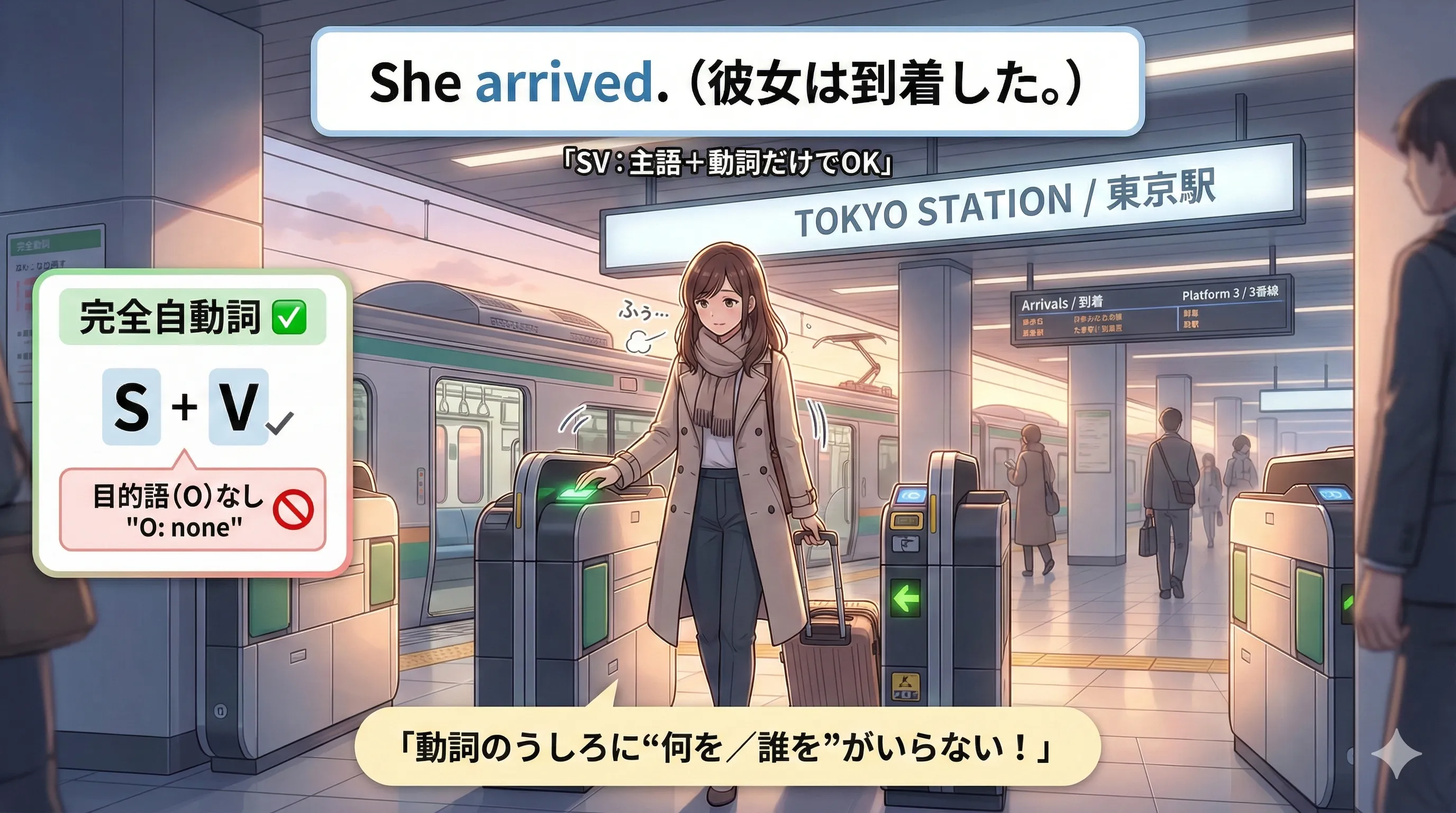 完全自動詞（SV）のイメージ図：S+Vで文が完成し、前置詞句は追加情報