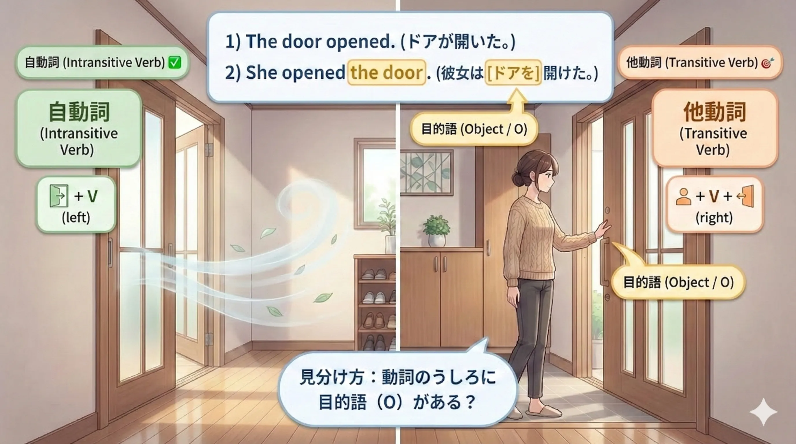 自動詞と他動詞のイメージ図：他動詞は目的語（相手・物）が必要／自動詞は目的語なしで成立