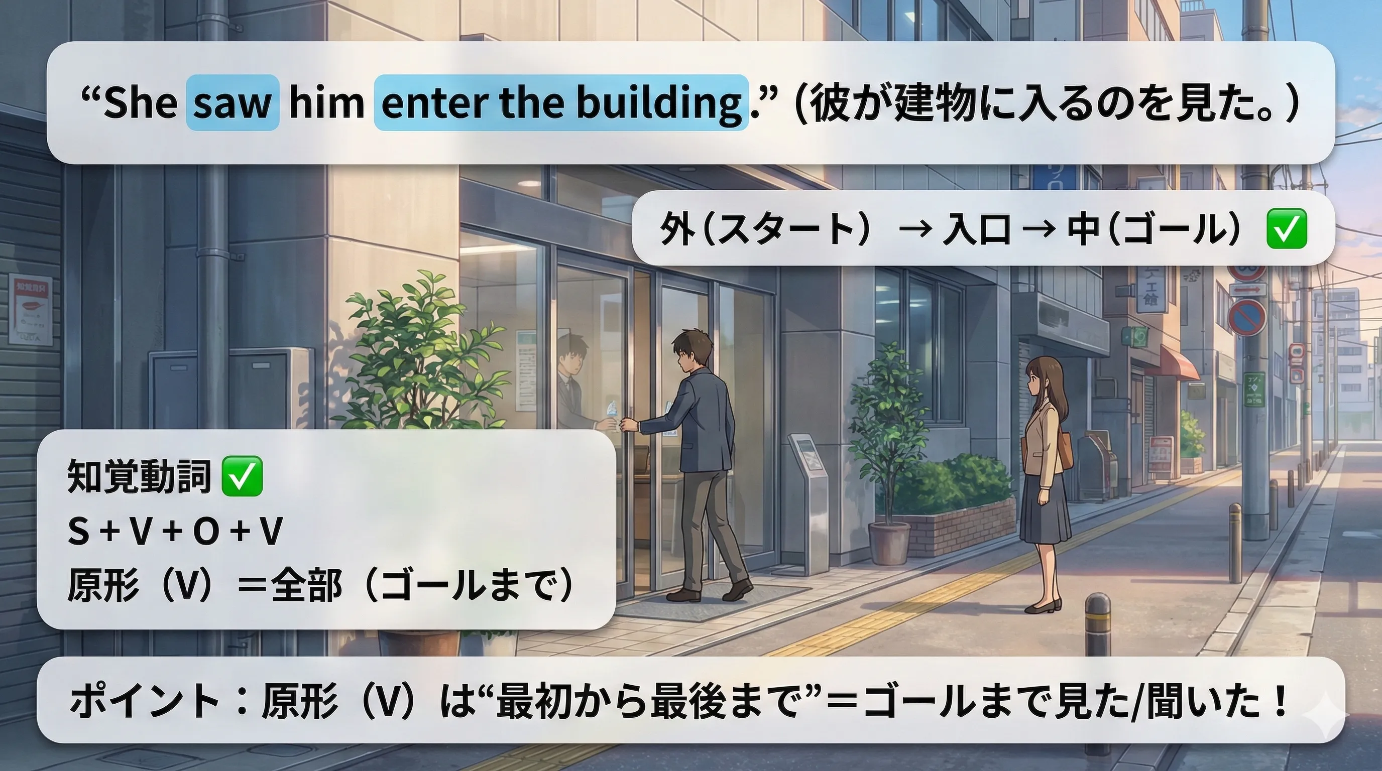 知覚動詞 + 目的語 + 原形：最初から最後まで見た/聞いたを図で整理（原形＝全部）
