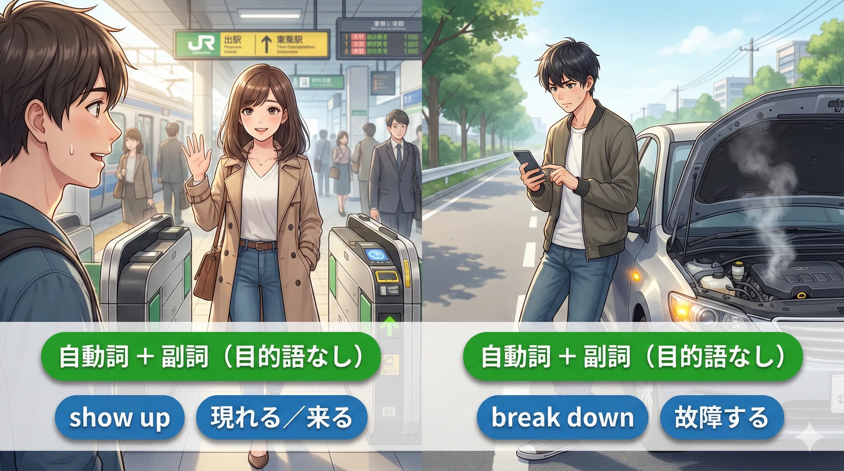 自動詞＋副詞の群動詞：目的語なしで完結する（come in / wake up など）