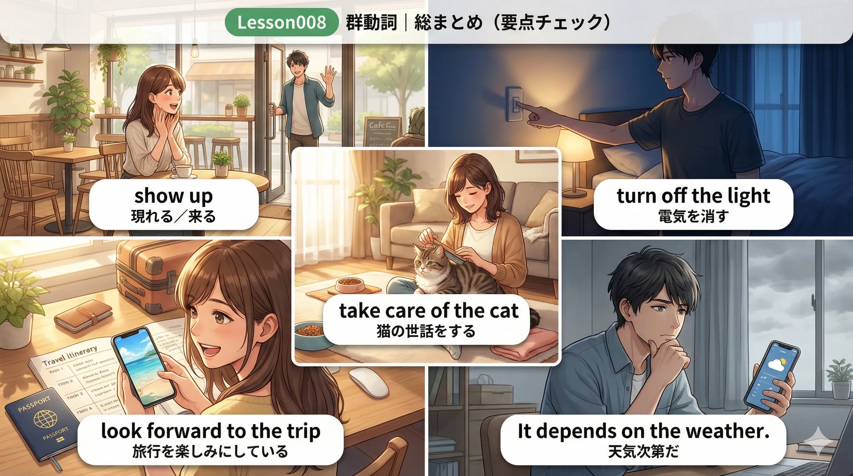 群動詞の5タイプまとめ：V+Adv / V+Adv+O / V+Adv+Prep / V+Prep / V+N+Prep