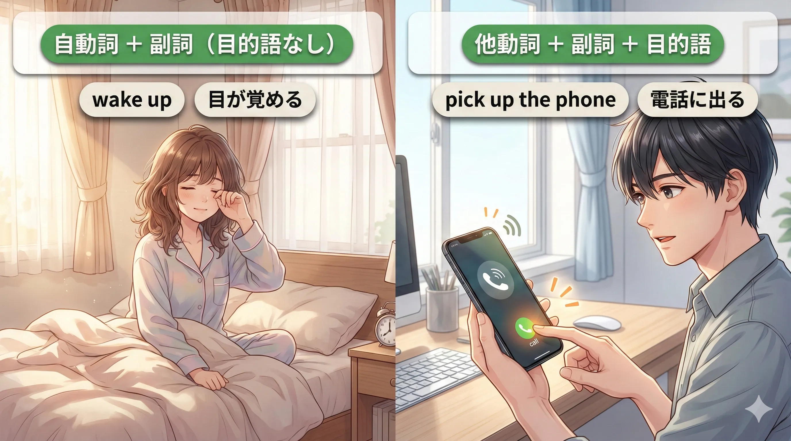 動詞＋副詞の群動詞：目的語なし（自動詞）と目的語あり（他動詞）の2パターンを図で整理