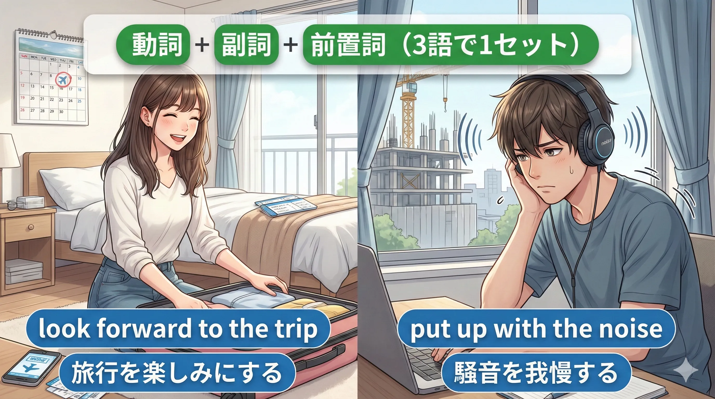 3語で1セットの群動詞（V + 副詞 + 前置詞）：get along with / come up with など