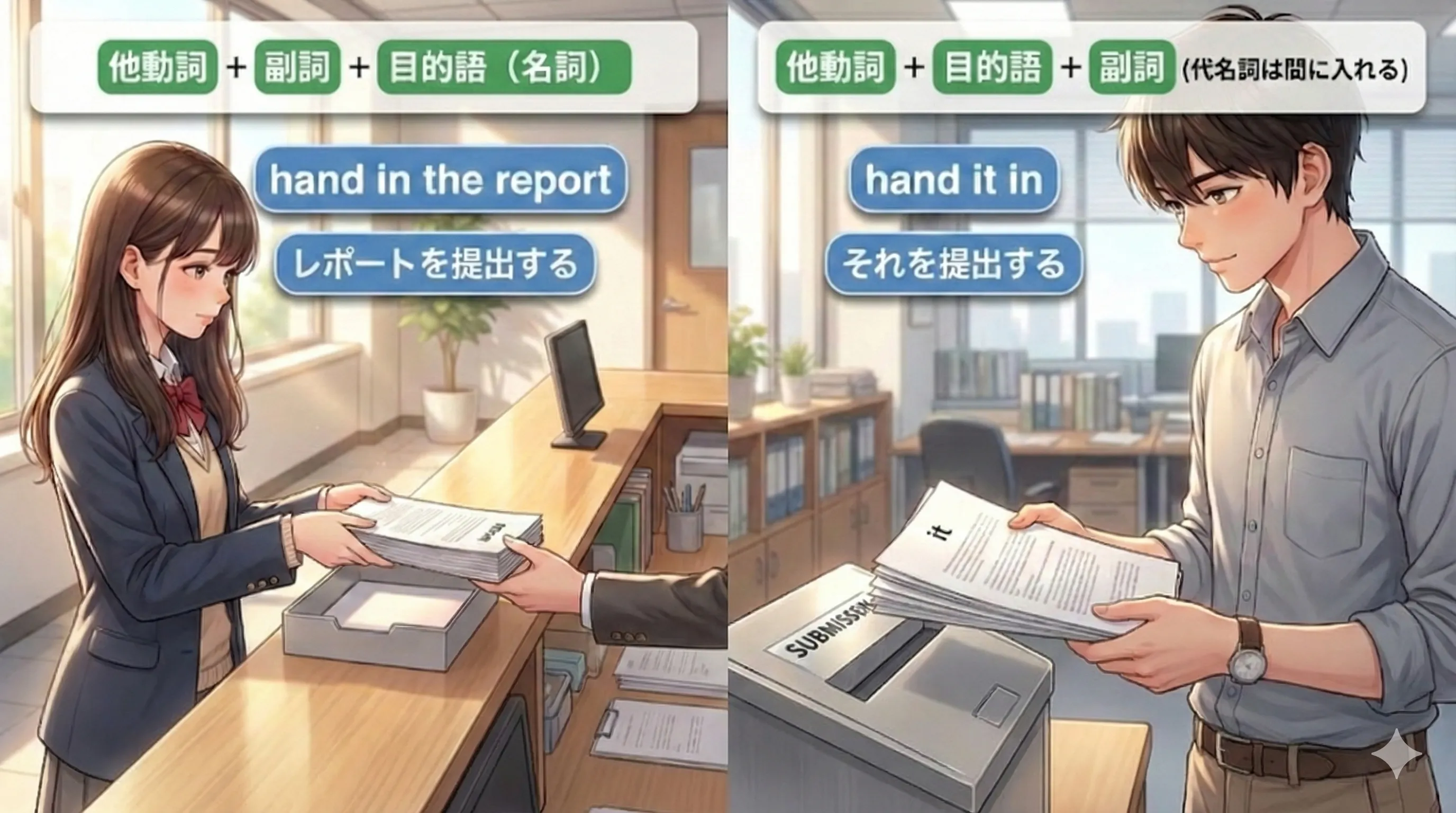 他動詞＋副詞の群動詞：目的語が名詞なら後ろ、代名詞なら間に入れる（pick it up など）