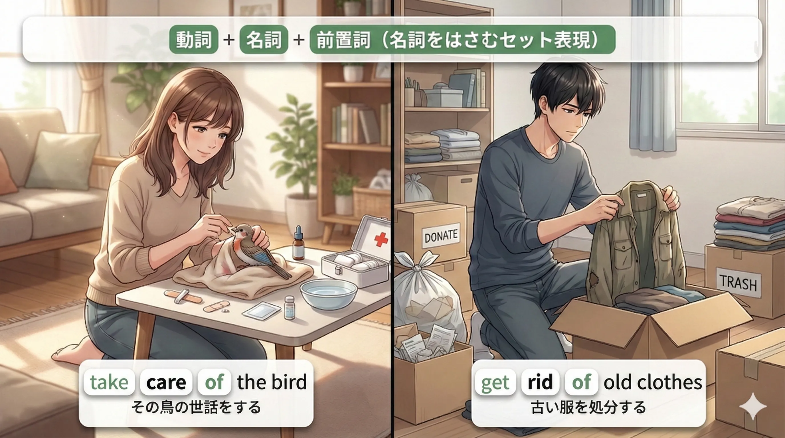 動詞＋名詞＋前置詞のセット表現：pay attention to / take care of など（名詞をはさんで意味が決まる）