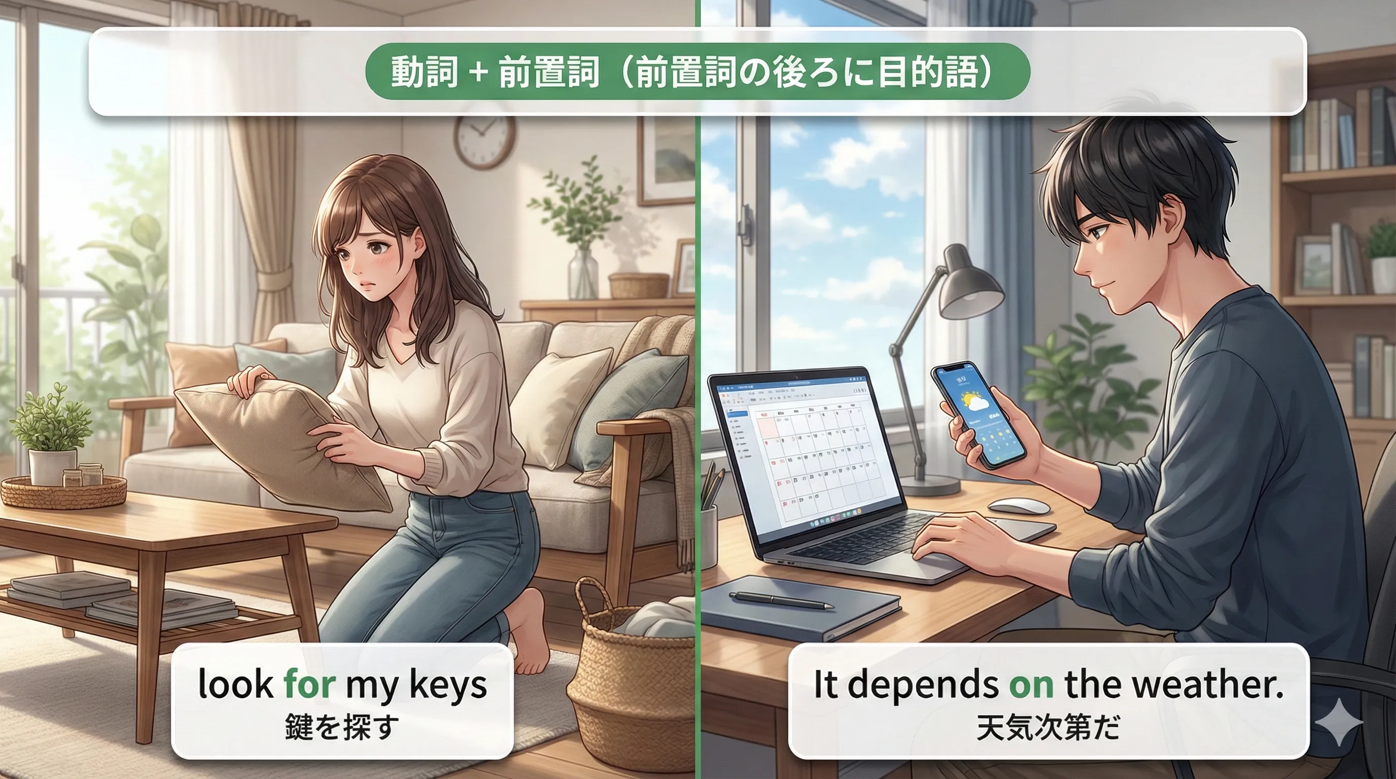 動詞＋前置詞の群動詞：前置詞の後ろに目的語が必要（apply for / wait for など）