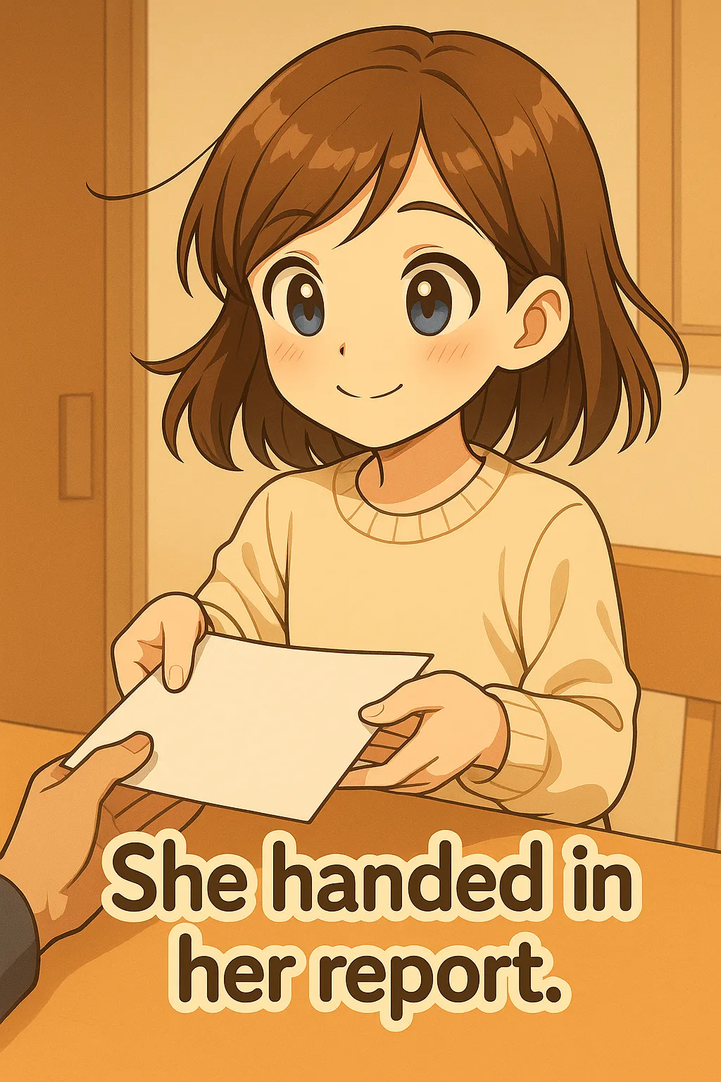 She handed in her reportのイラスト