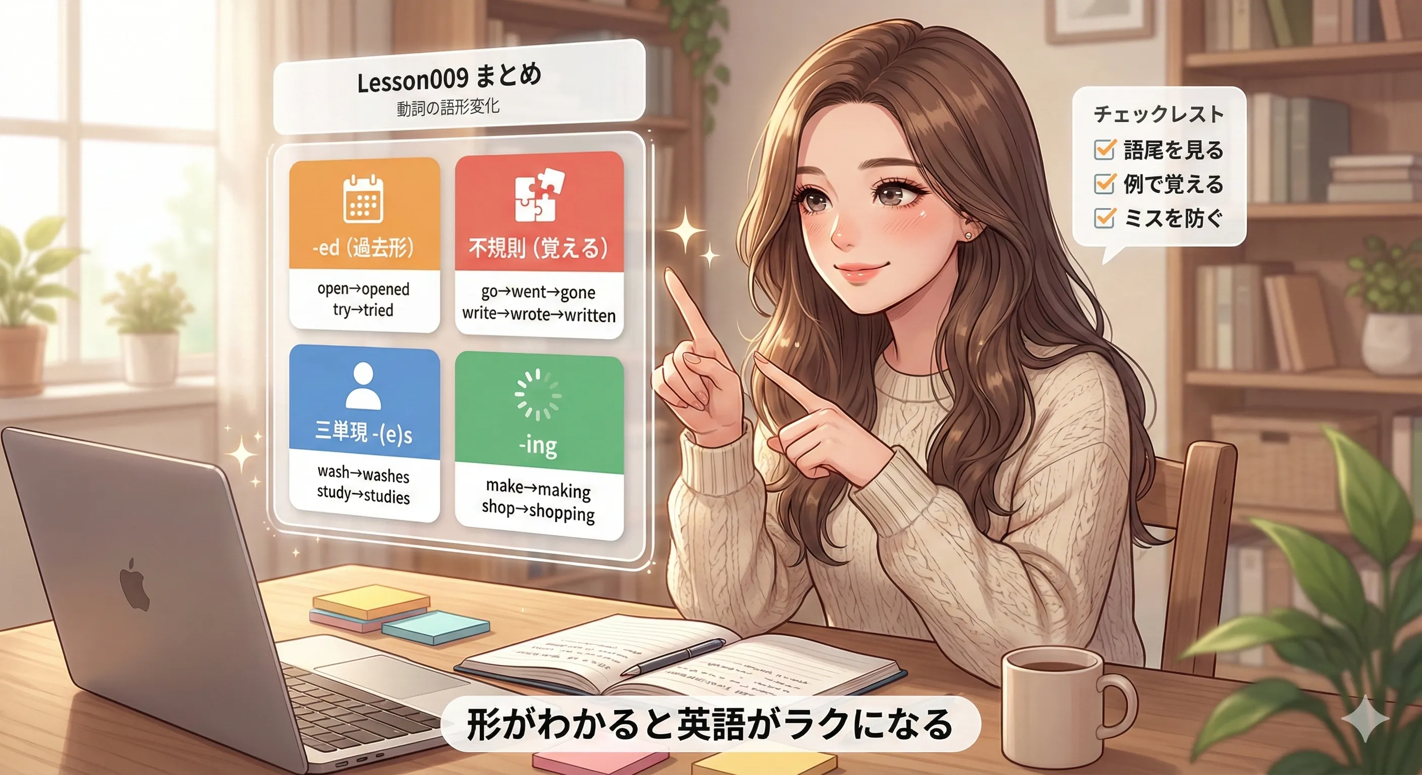 Lesson009まとめ：-ed（規則動詞）・不規則動詞・三単現-(e)s・-ing の全体像がわかる図