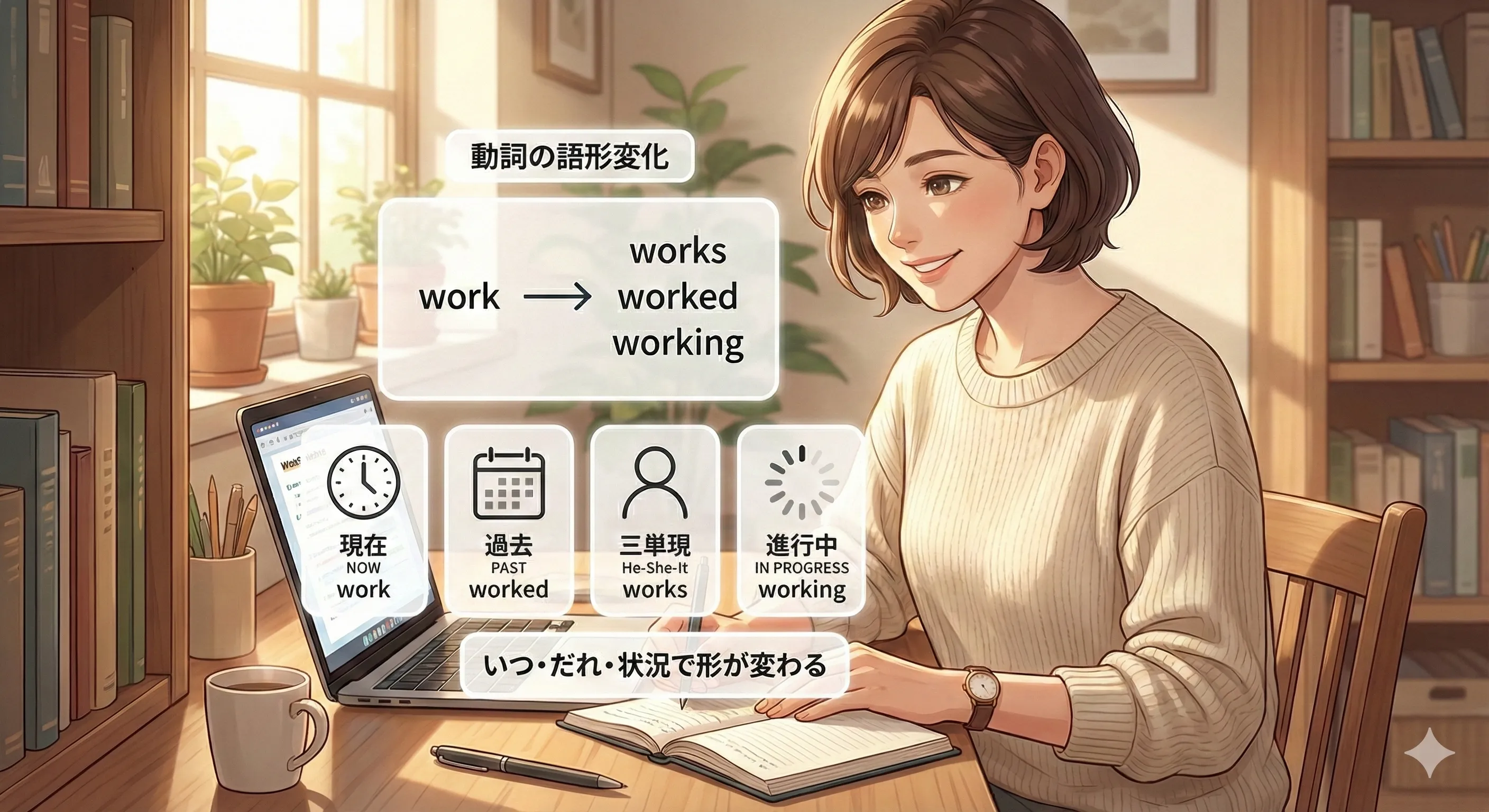 動詞の語形変化：原形・三単現・過去形・過去分詞・ing形を使い分けるイメージ図