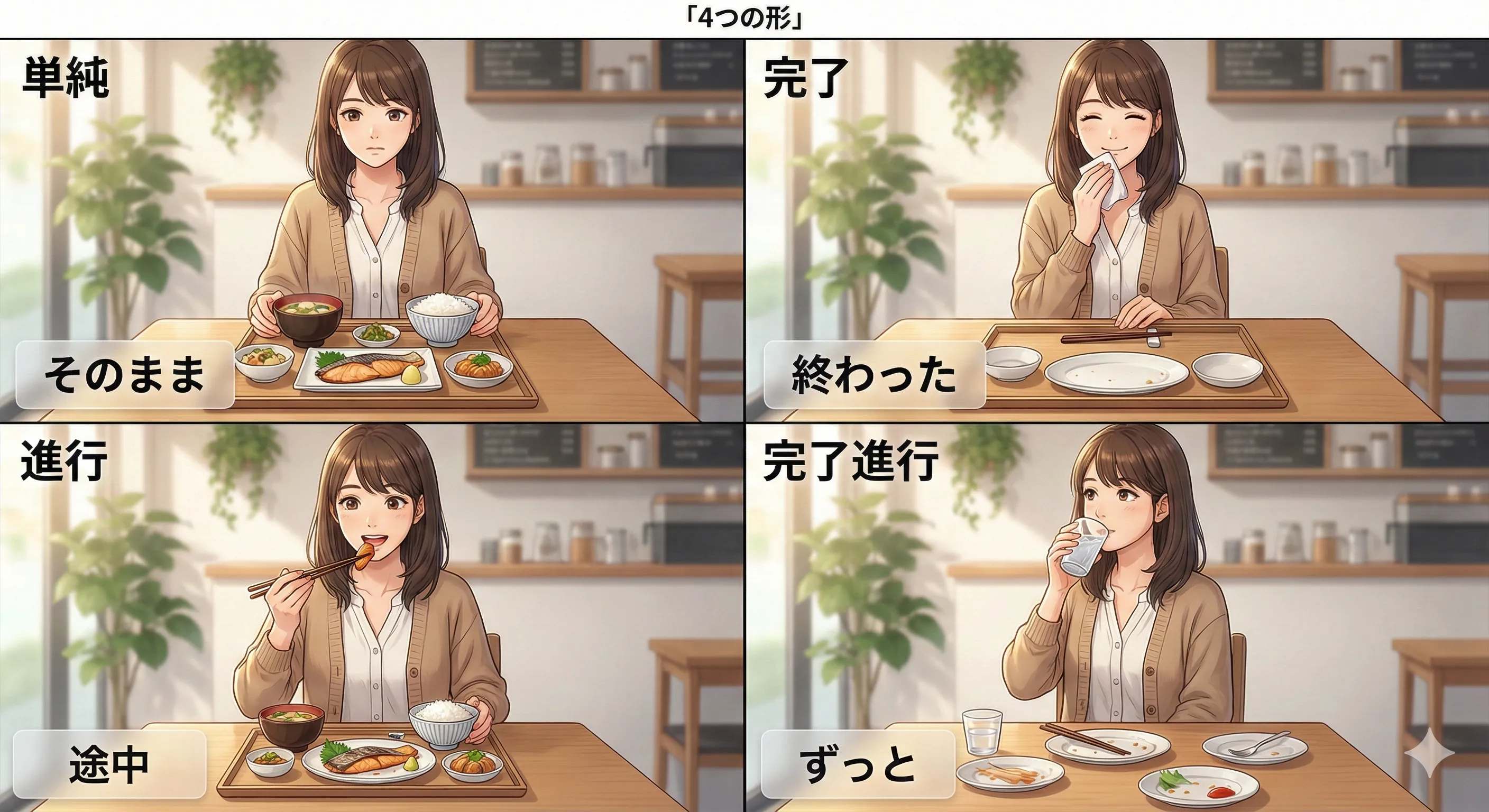単純・完了・進行・完了進行の4つの見せ方を比較したイメージ図