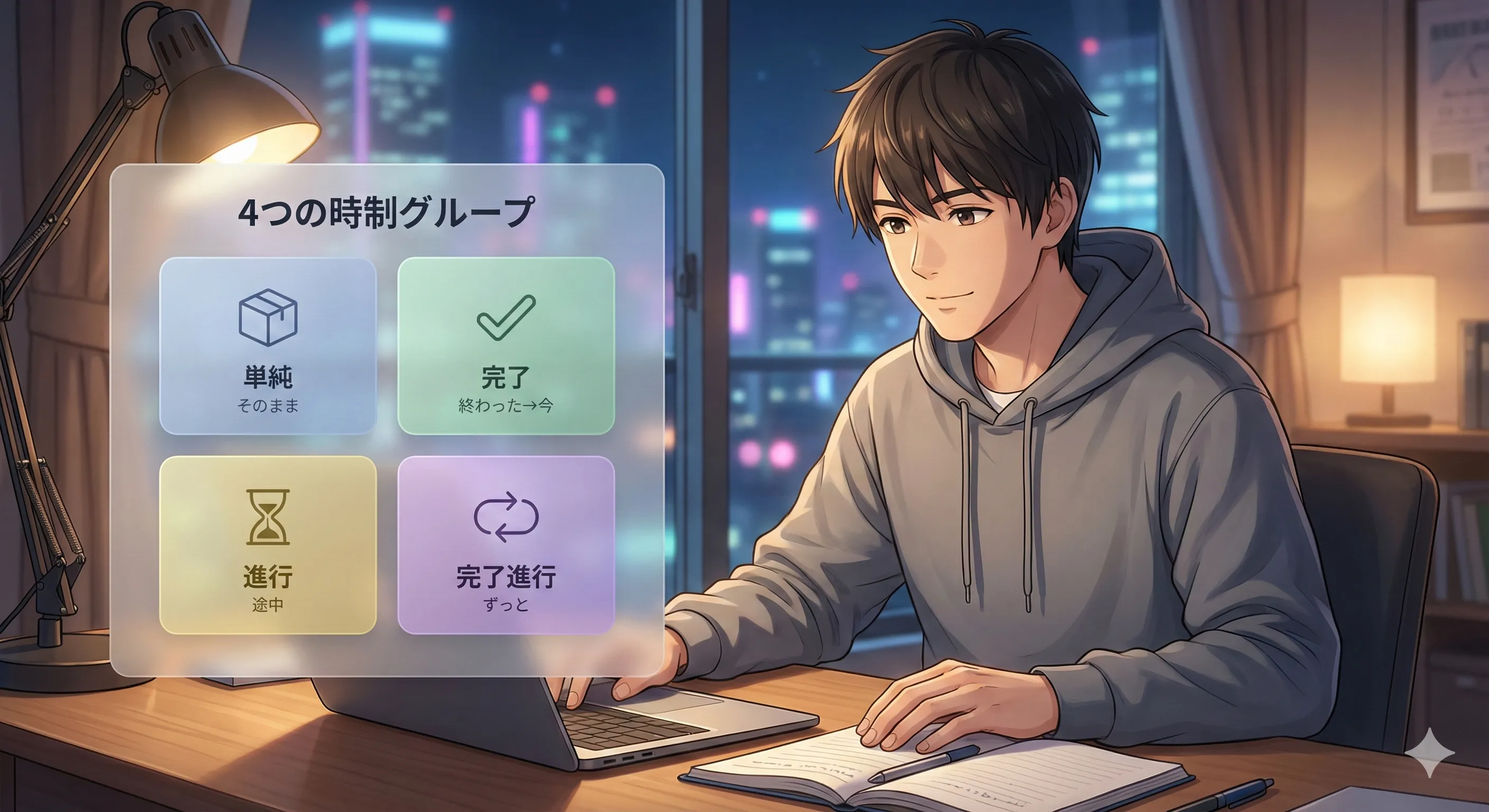 12時制を4つのグループ（単純・完了・進行・完了進行）に分けて整理するイメージ図