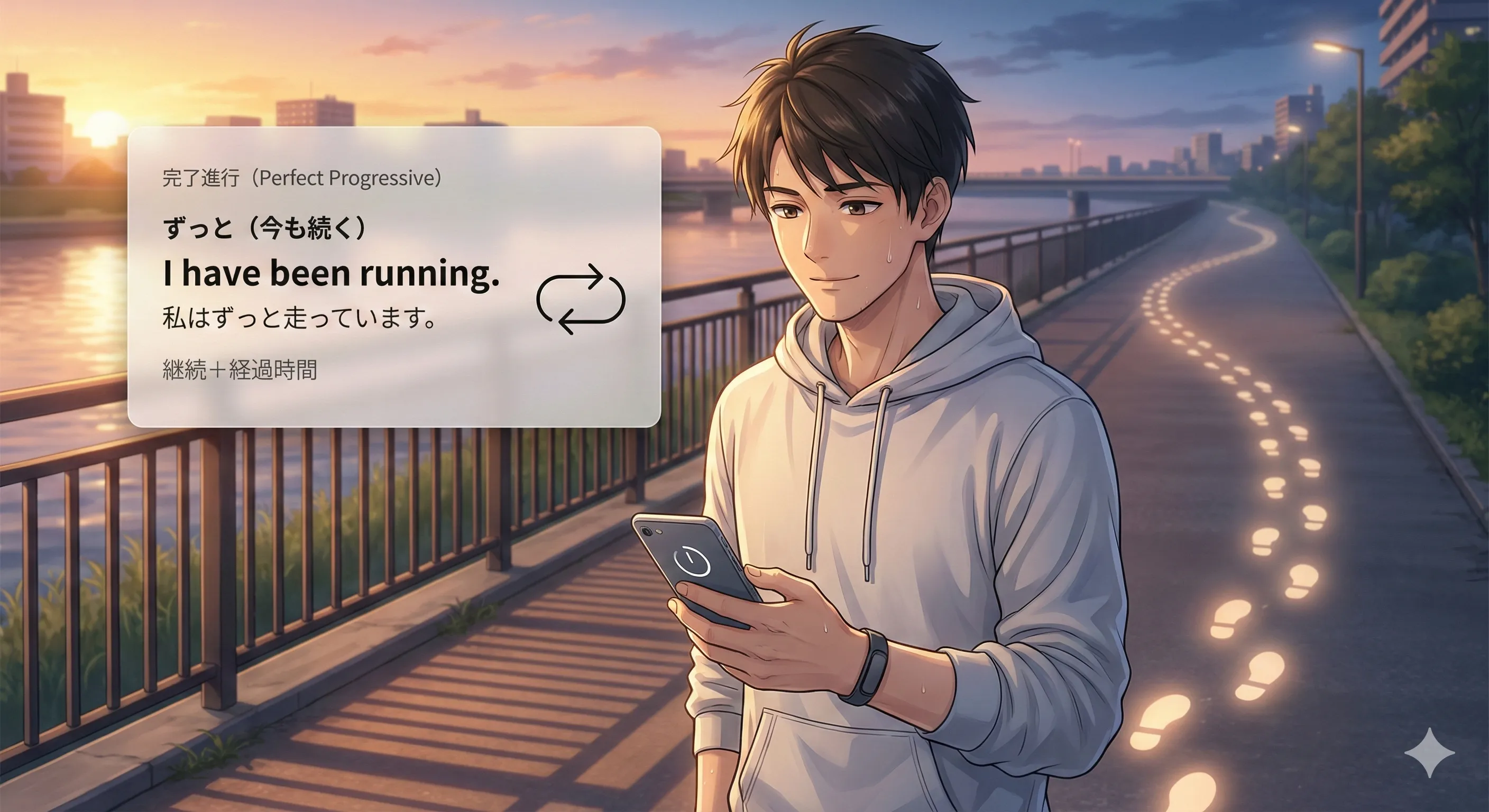 完了進行（Perfect Progressive）のイメージ：過去から今までずっと続く動作＋経過時間