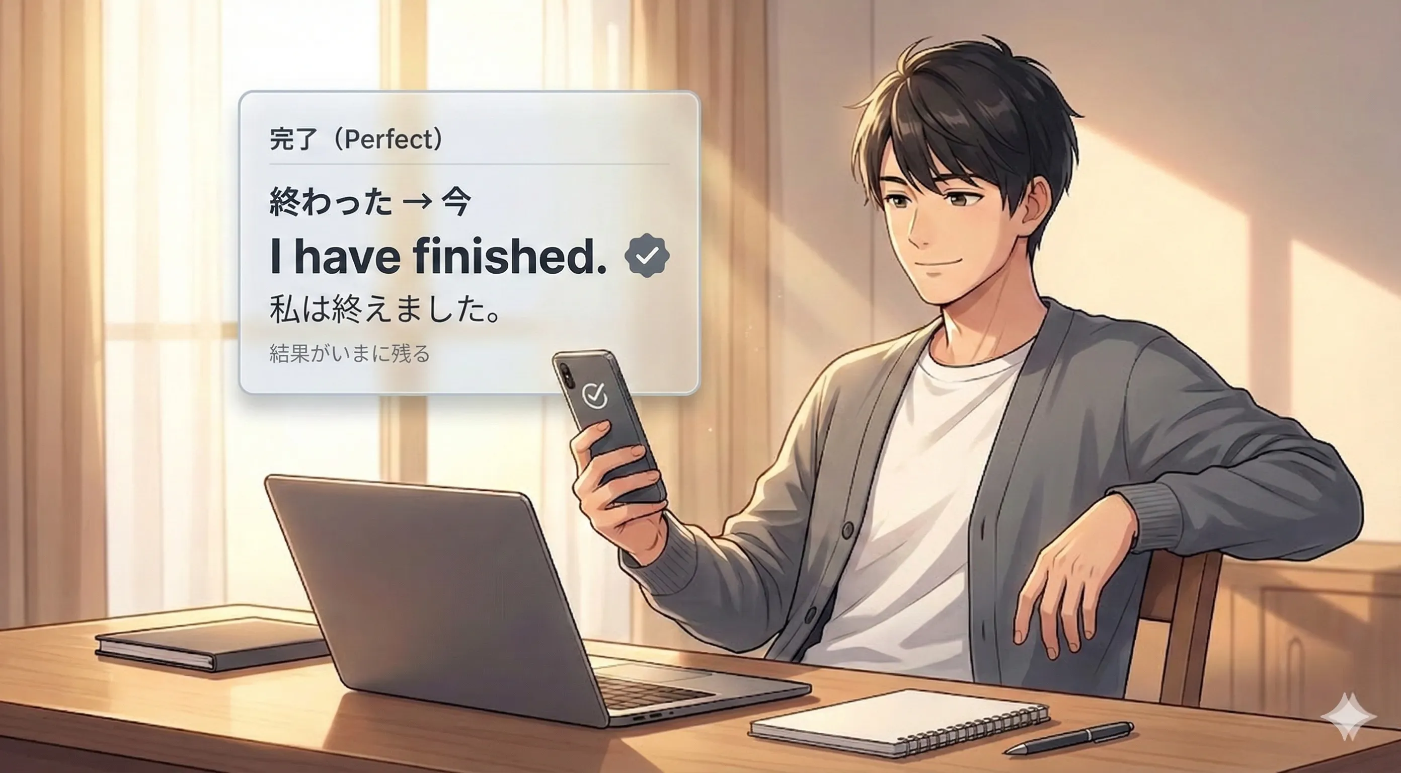 完了（Perfect）のイメージ：過去の出来事が今につながる（結果・経験・継続）