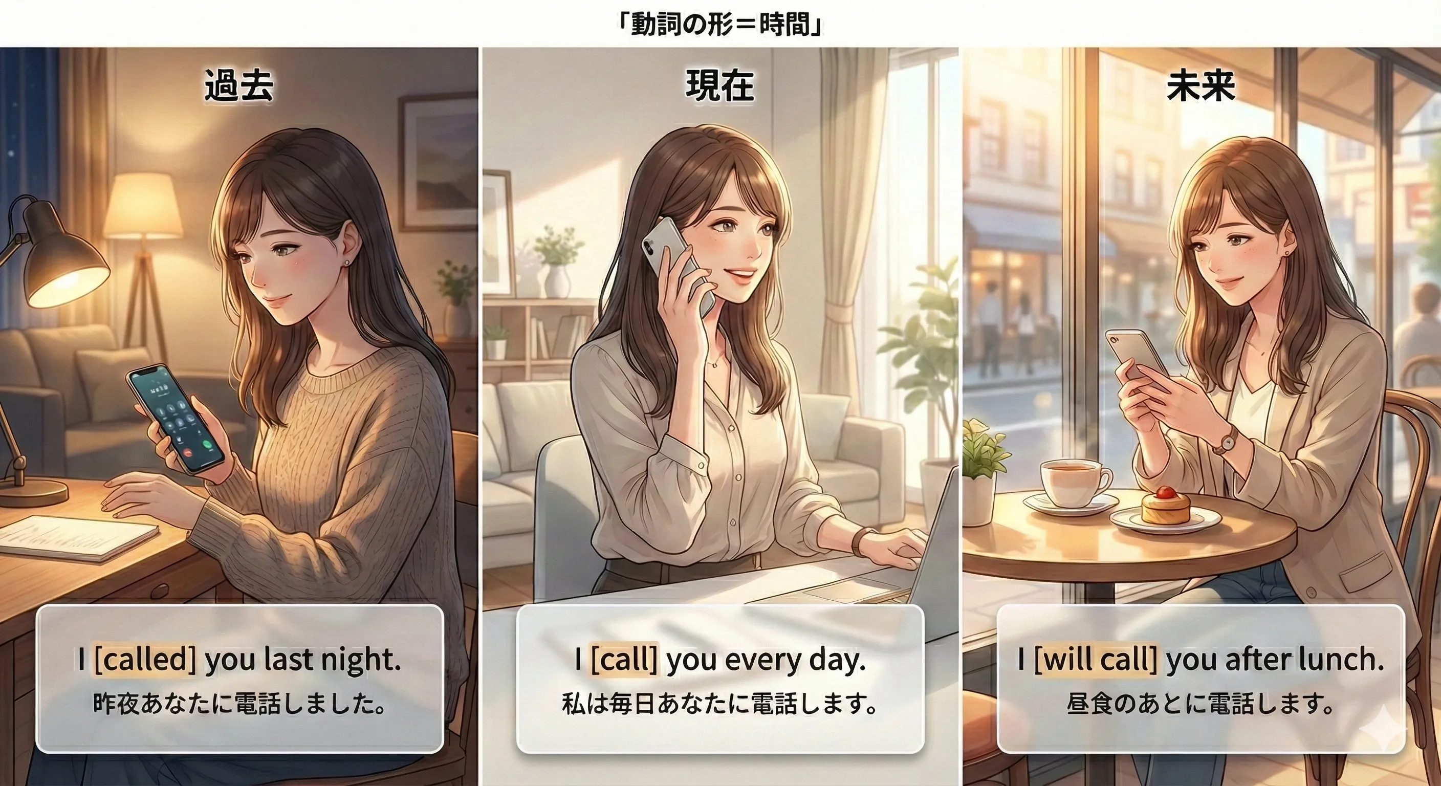 時制とは：動詞の形が変わることで、現在・過去・未来などの時間が伝わるイメージ図