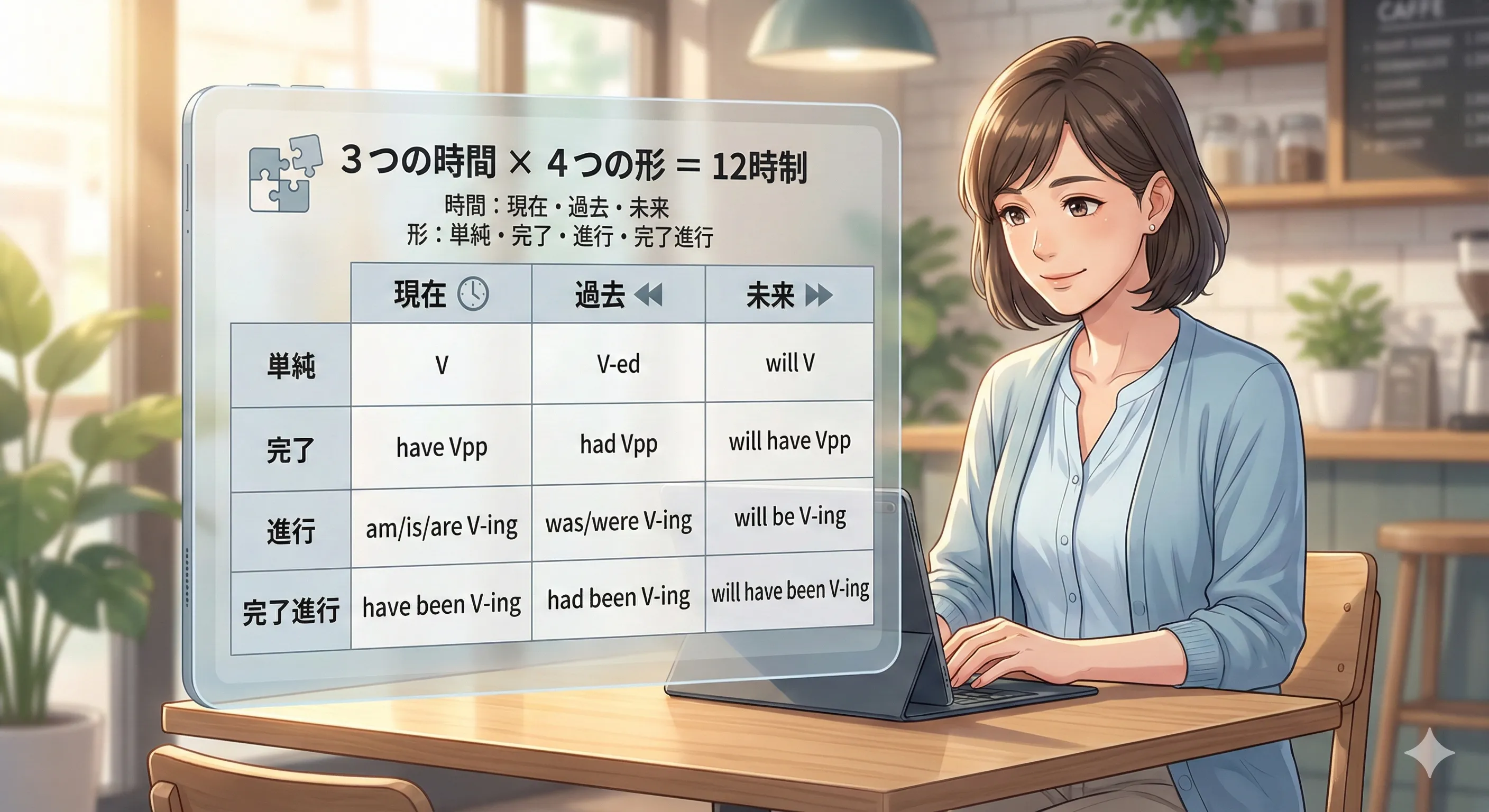 英語の時制12種類を、3つの時間（現在・過去・未来）×4つの形（単純・完了・進行・完了進行）で整理した全体マップ