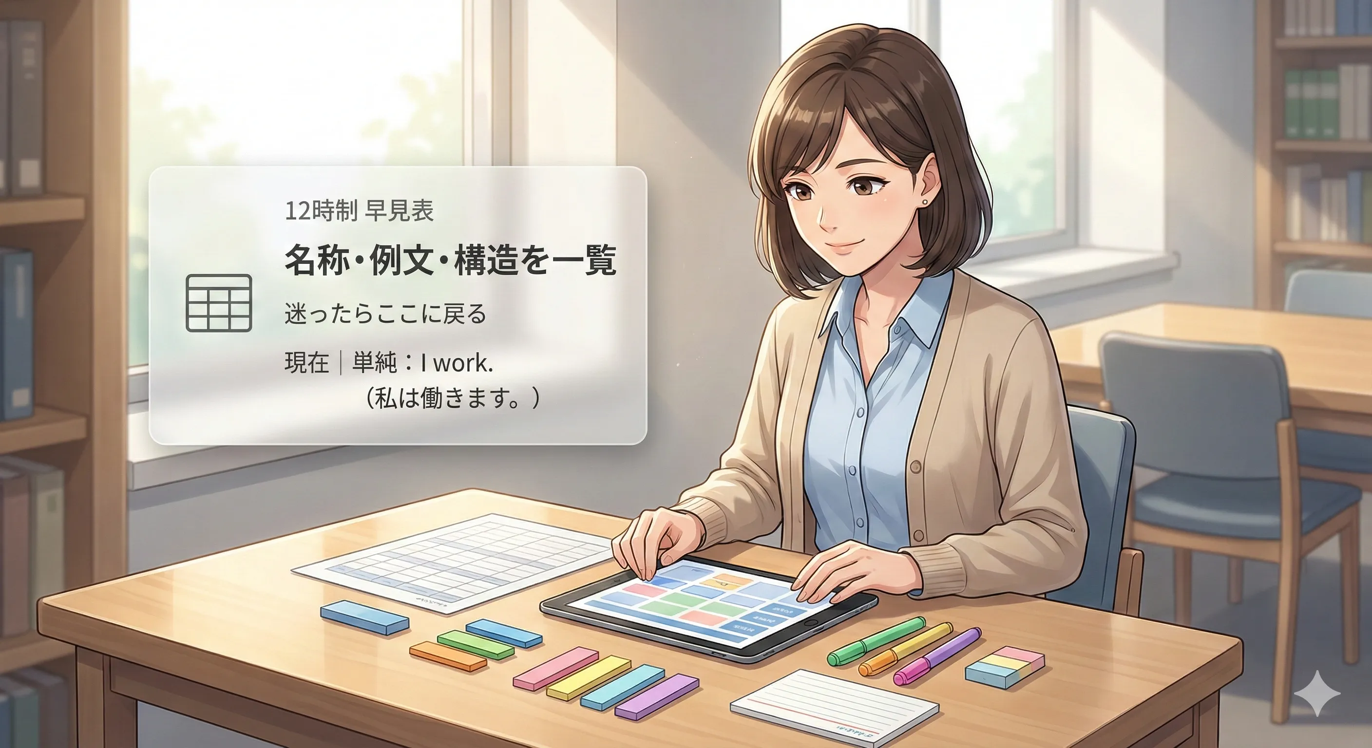 英語の12時制を一覧で見渡す早見表のイメージ