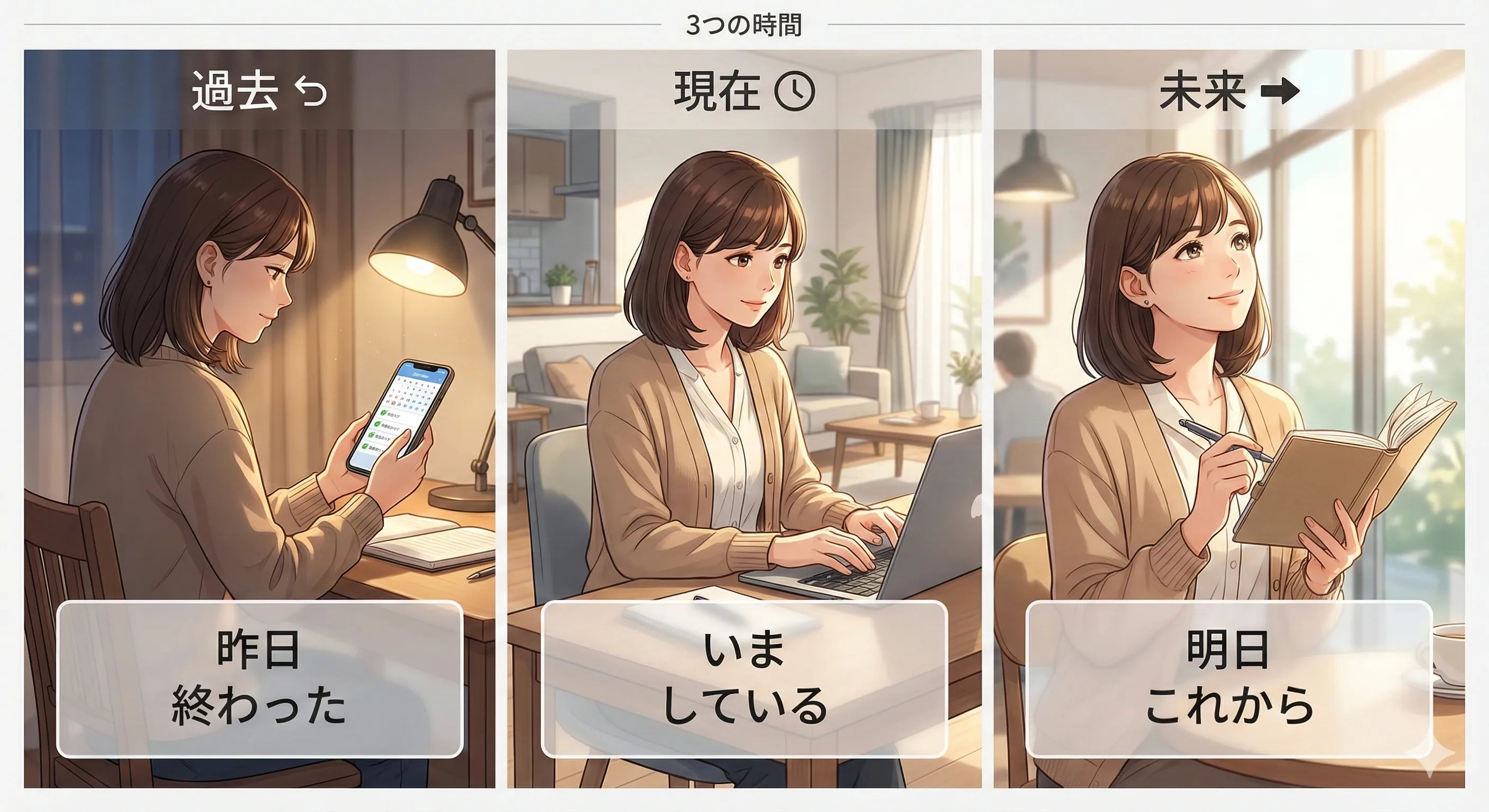 現在・過去・未来の3つの時間軸を示すタイムライン図